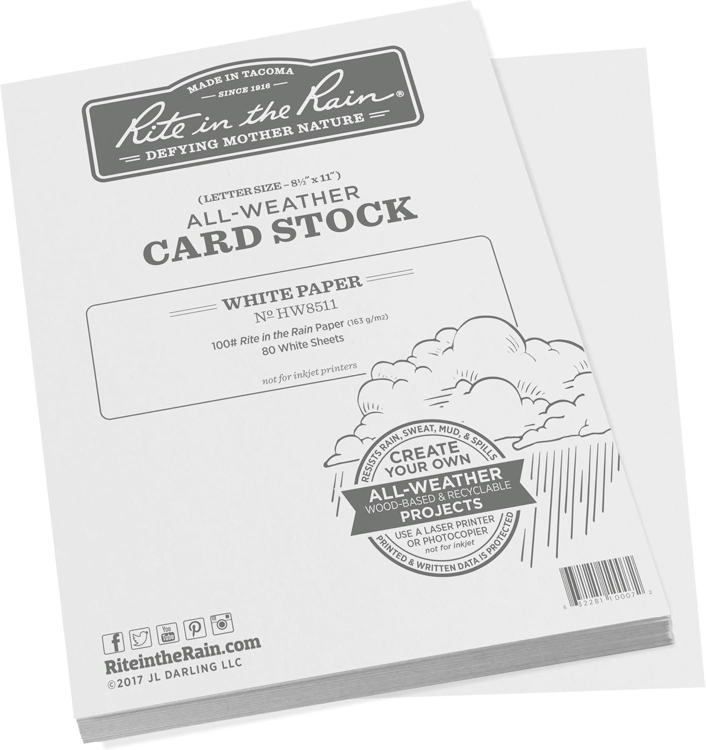 Rite in the Rain Weatherproof Card Stock, 8.5″ x 11″, 100# White, 80 Sheet Pack (No. HW8511)