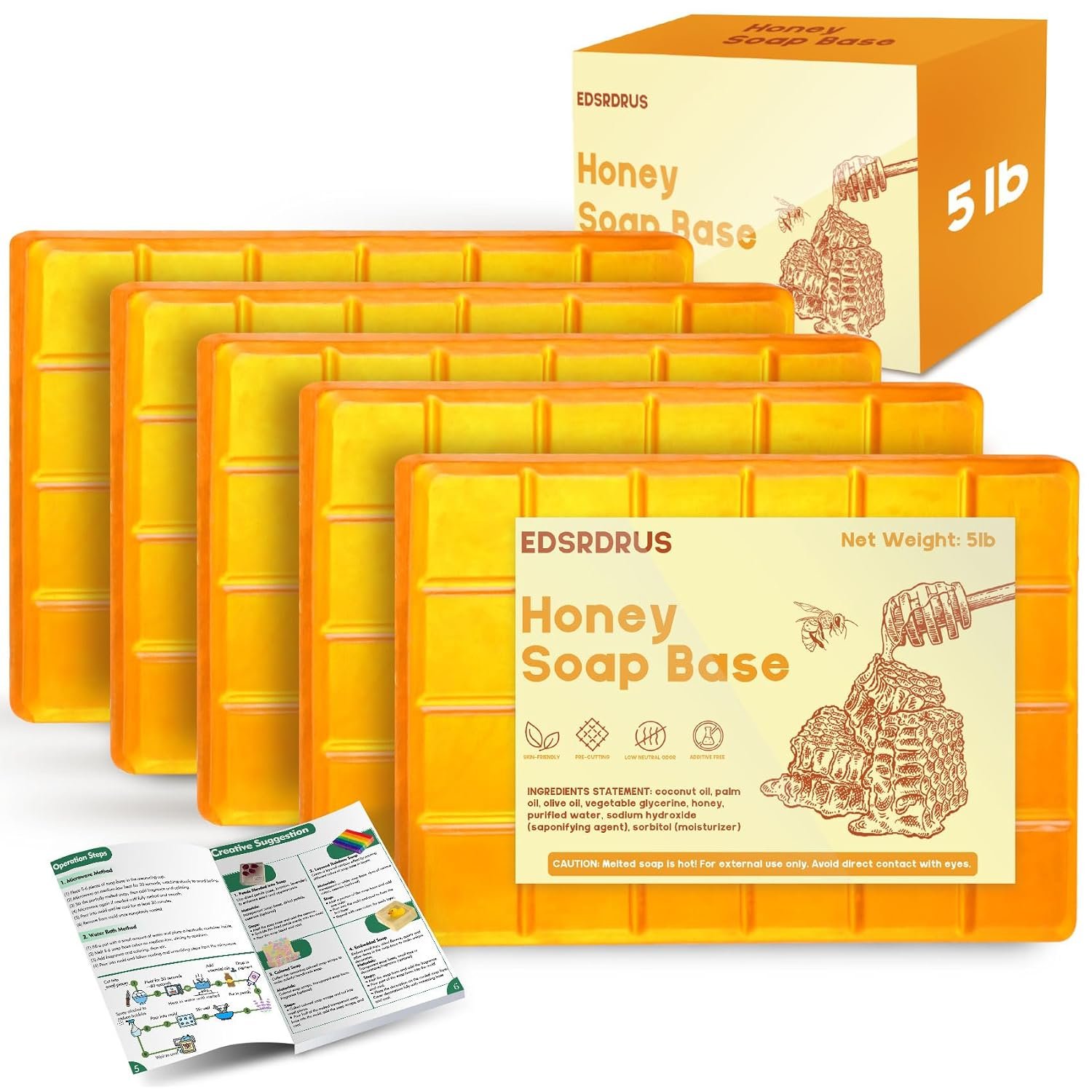 EDSRDRUS 5 lb Honey Soap Base, Melt & Pour, Pre-Scored, Lightly Scented