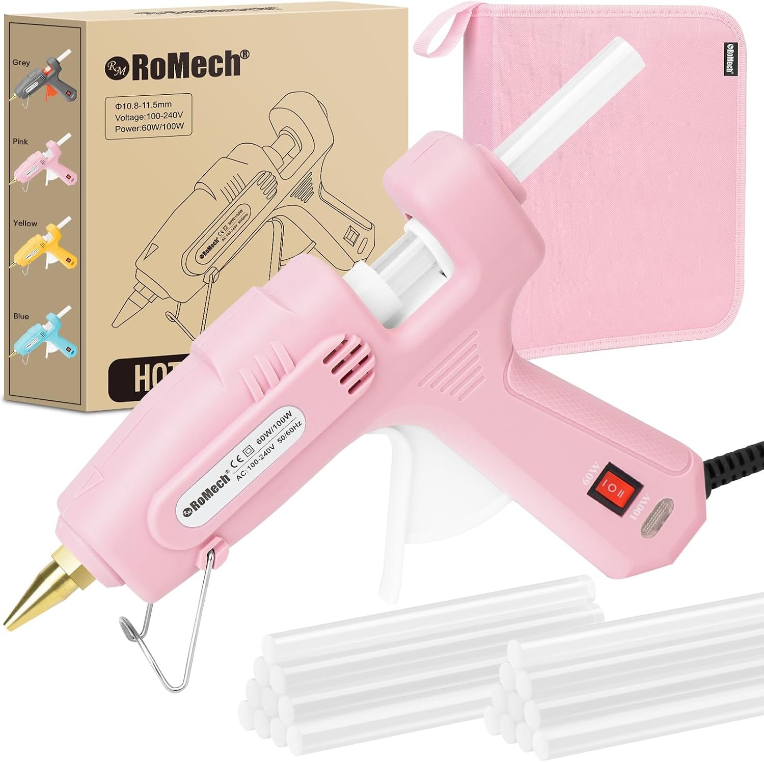 ROMECH 60/100W Dual Temp Hot Glue Gun and Sticks Set, Full Size with Case