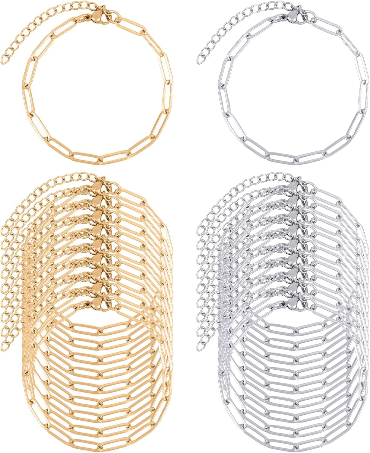 20 Pcs Charm Bracelet Making Kit for Adults, Adjustable Charm Bracelet Chains for Jewelry Making, Stainless Steel Paperclip Chain with Lobster Clasps, DIY Charms Bar Supplies Gifts(Gold+Silver)