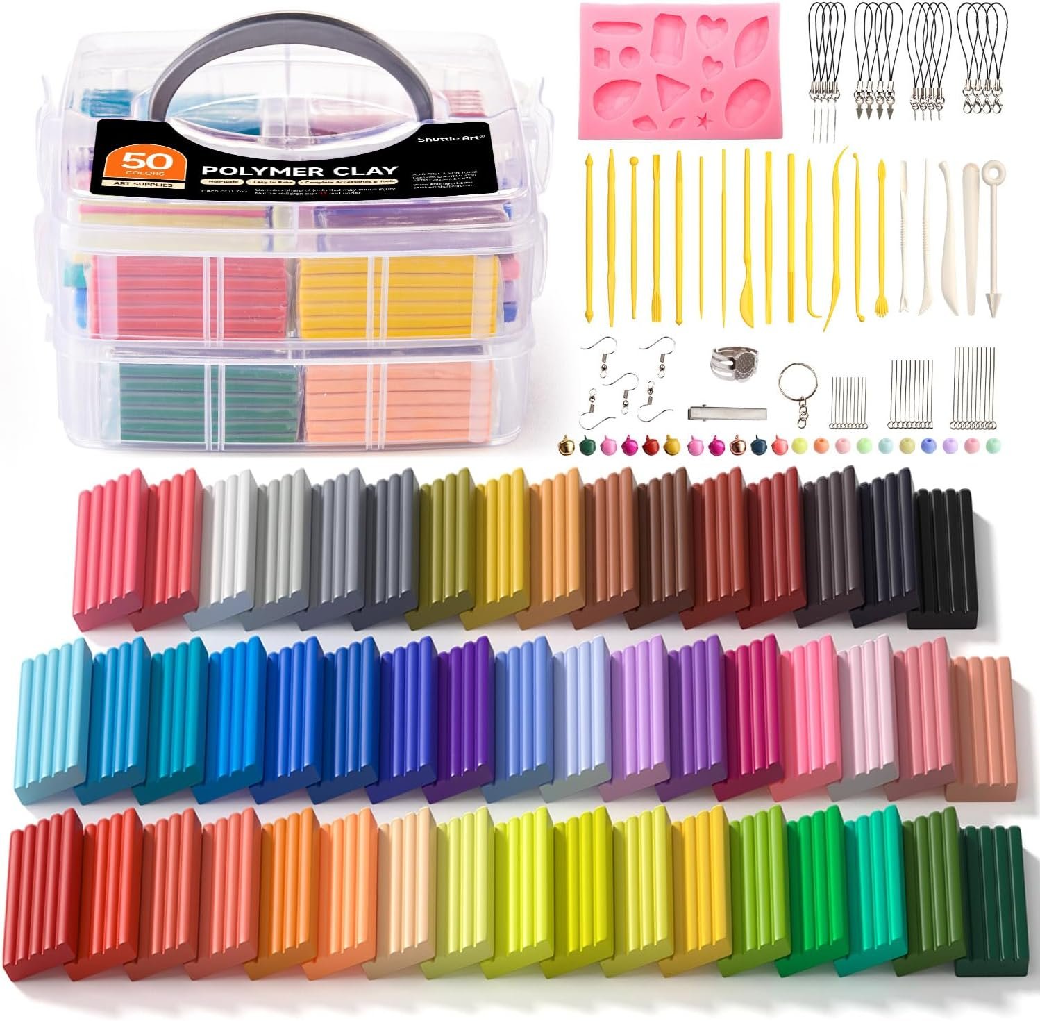 Shuttle Art Polymer Clay Kit, 50 Colors Oven Bake Clay for Kids with 19 Carving Tools and 10 Accessories, Non-Sticky, Non-Toxic, Ideal Gift for Kids