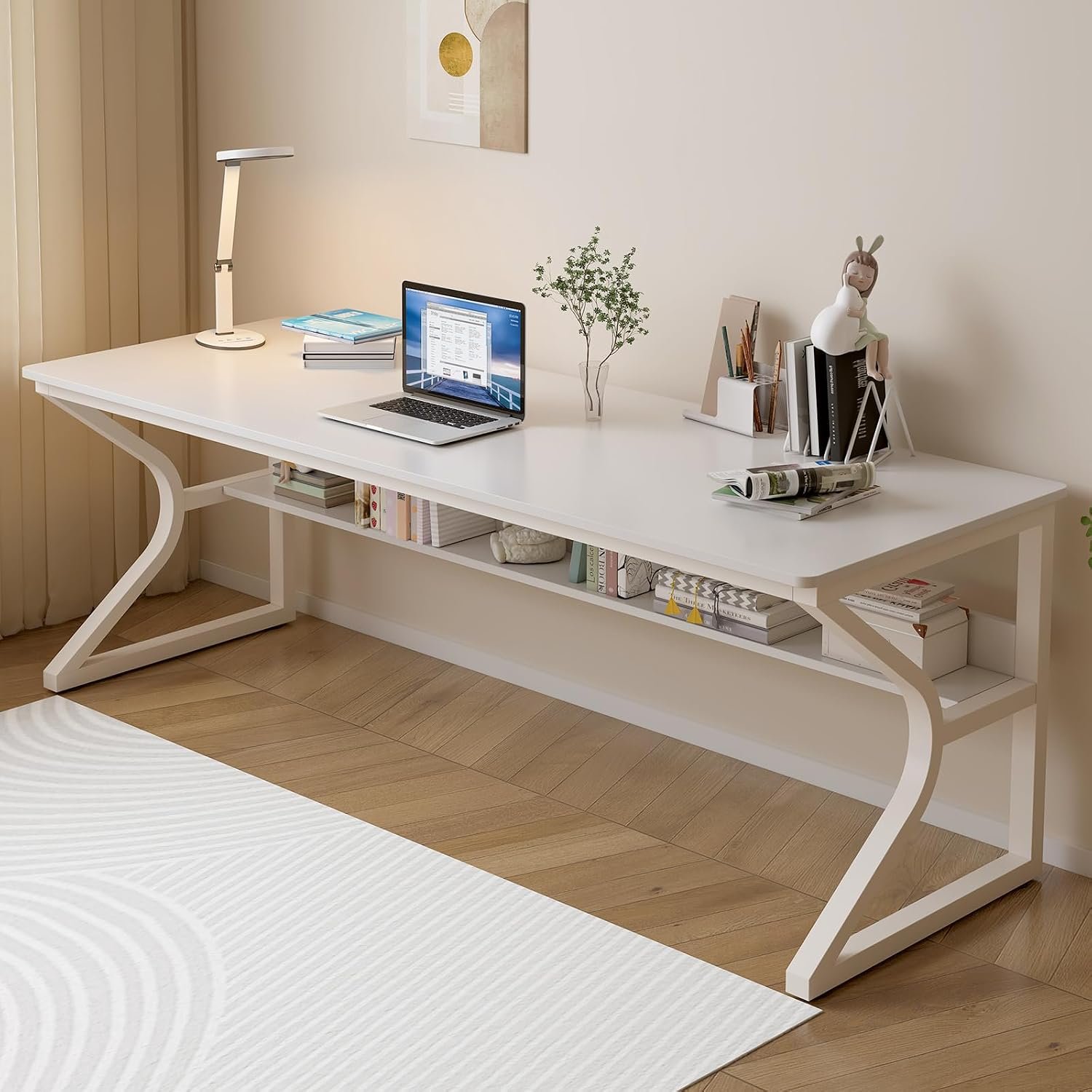 OSCHF 71-Inch Extra Long Desk with Storage Shelf, Warm White