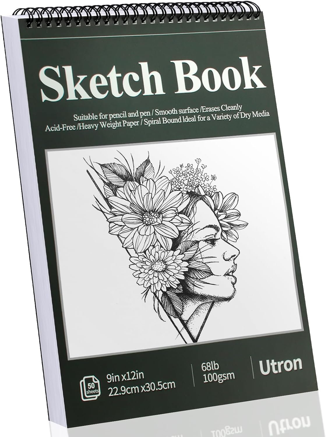 Utron 9″x12″ Sketchbook Drawing, Top Spiral Sketching Pad, 100GSM/68LB Acid Free Art Sketching Pad, Drawing Paper, Beginner Artist (50 Sheets, White)