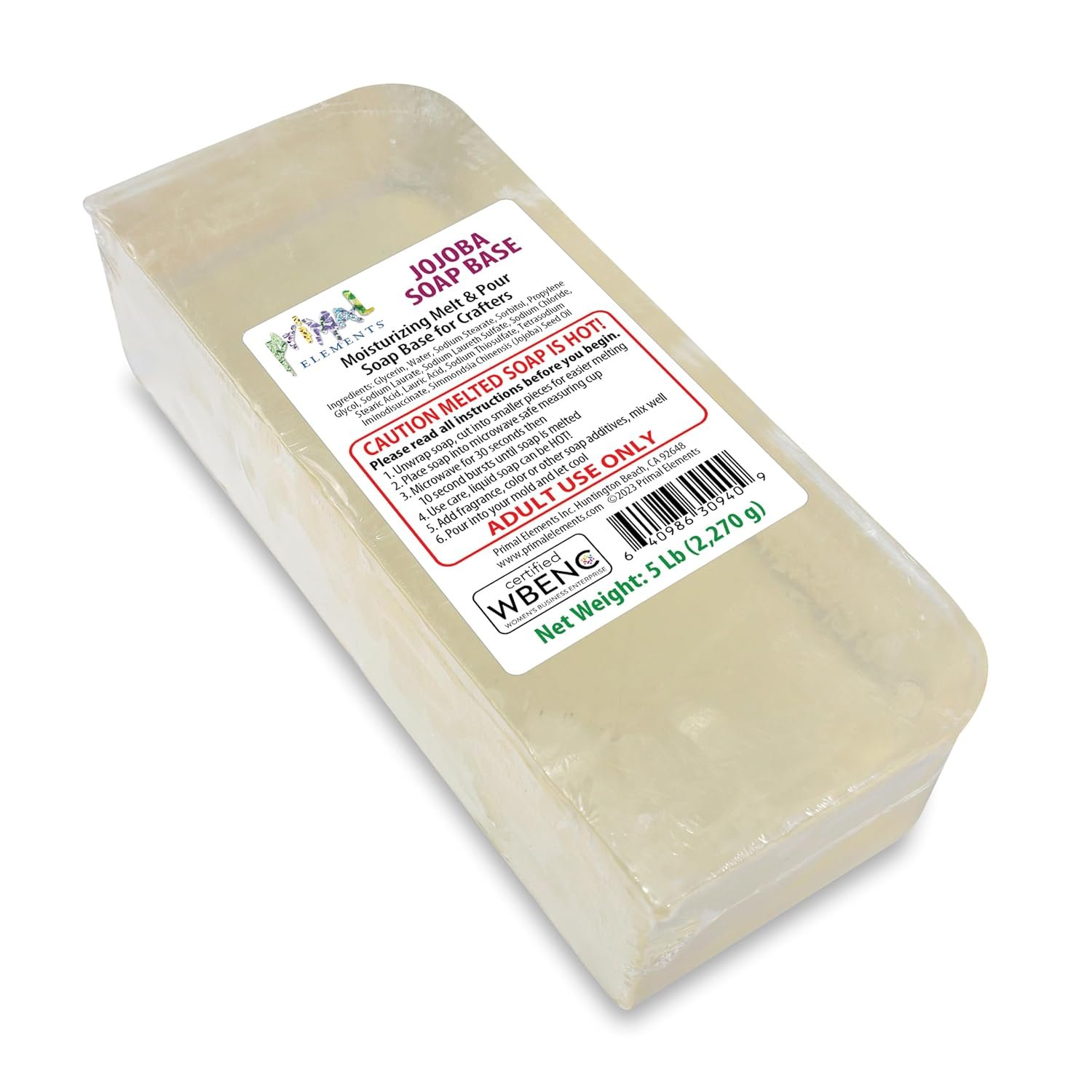 Primal Elements Jojoba Oil Soap Base – Moisturizing Melt and Pour Glycerin Soap Base for Crafting and Soap Making, Easy to Cut – 5 Pound