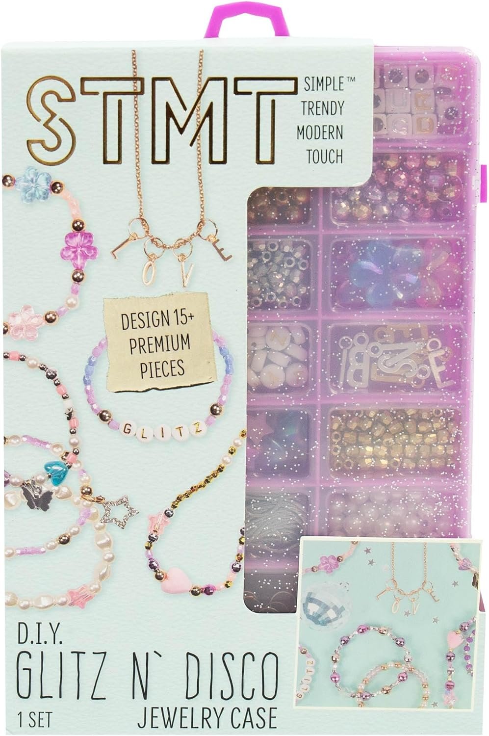 STMT D.I.Y. Glitz ‘N Disco Jewelry Case, Makes Over 15 Accessories, Includes Disco Beads for Bracelets, Charms & Storage, Bracelet Making Kit, Great Gifts for Girls, Jewelry Making Kit for Girls 8-12