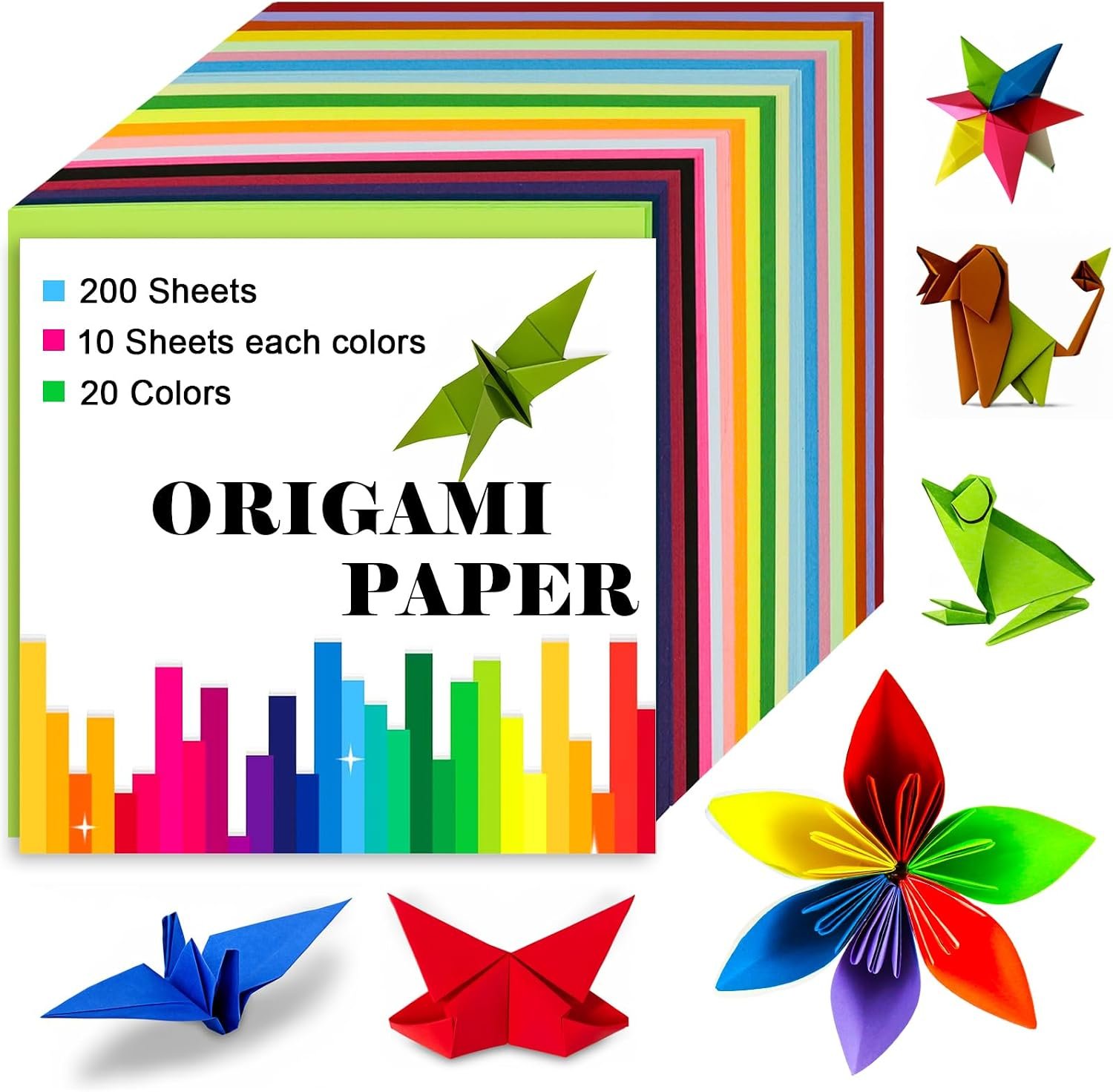 Origami Paper Double Sided Color 200 Sheets,6×6 inch 20 Colors,Origami Paper kit for kids,Colored Paper Kit Gifts for Beginners (Colorful)