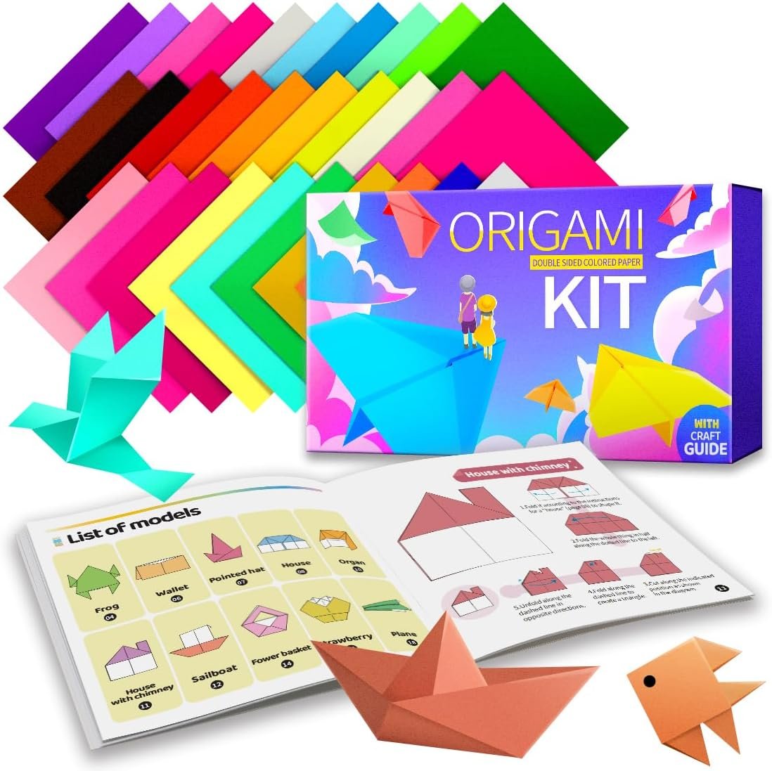 Praisebank Origami Paper, 220pcs 17 Colors 6×6 inch, Double Sided, Craft Kit with Guide.