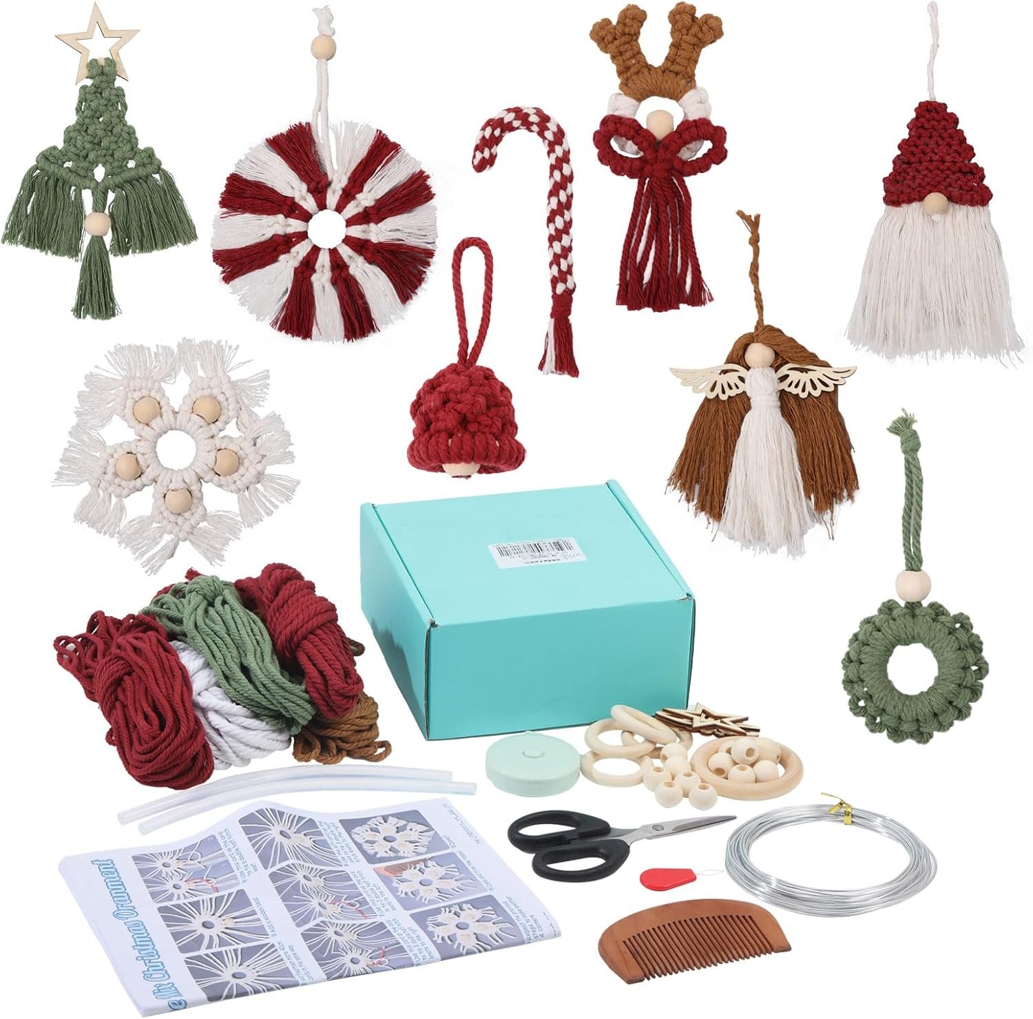 ORIGACH 9 Set DIY Macrame Christmas Ornaments Kits for Adults Beginners Handmade Macrame Elk Gnome Snowflakes Angel Candy Cane Hanging for Christmas Tree Boho Hand Woven Holiday Home Decorations