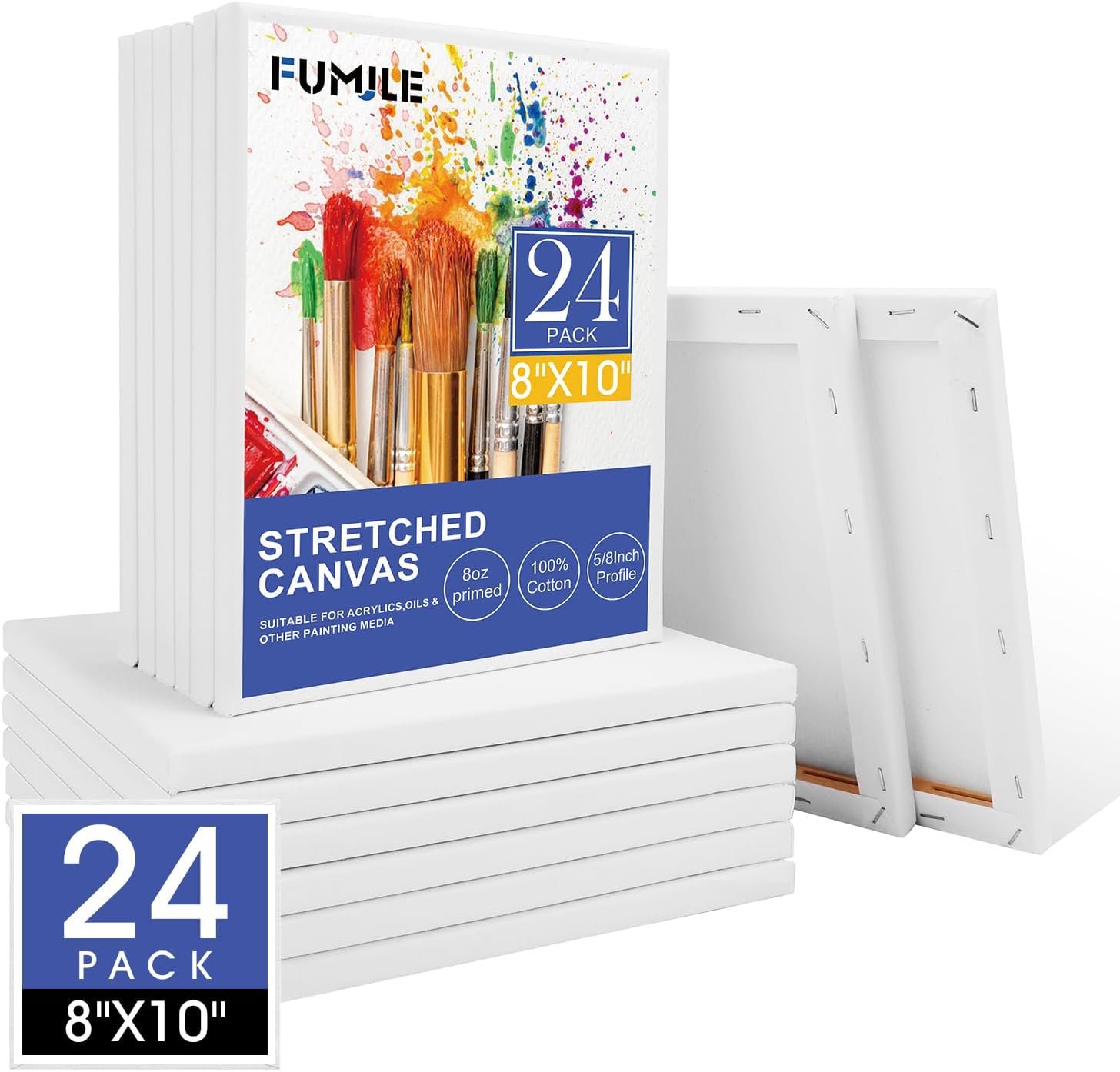 FUMILE 8×10 Canvas for Painting Stretched, 24 Pack Canvases for Painting-5/8 in Profile Primed White Blank Painting Canvas Value Pack for Oil & Acrylic Paint