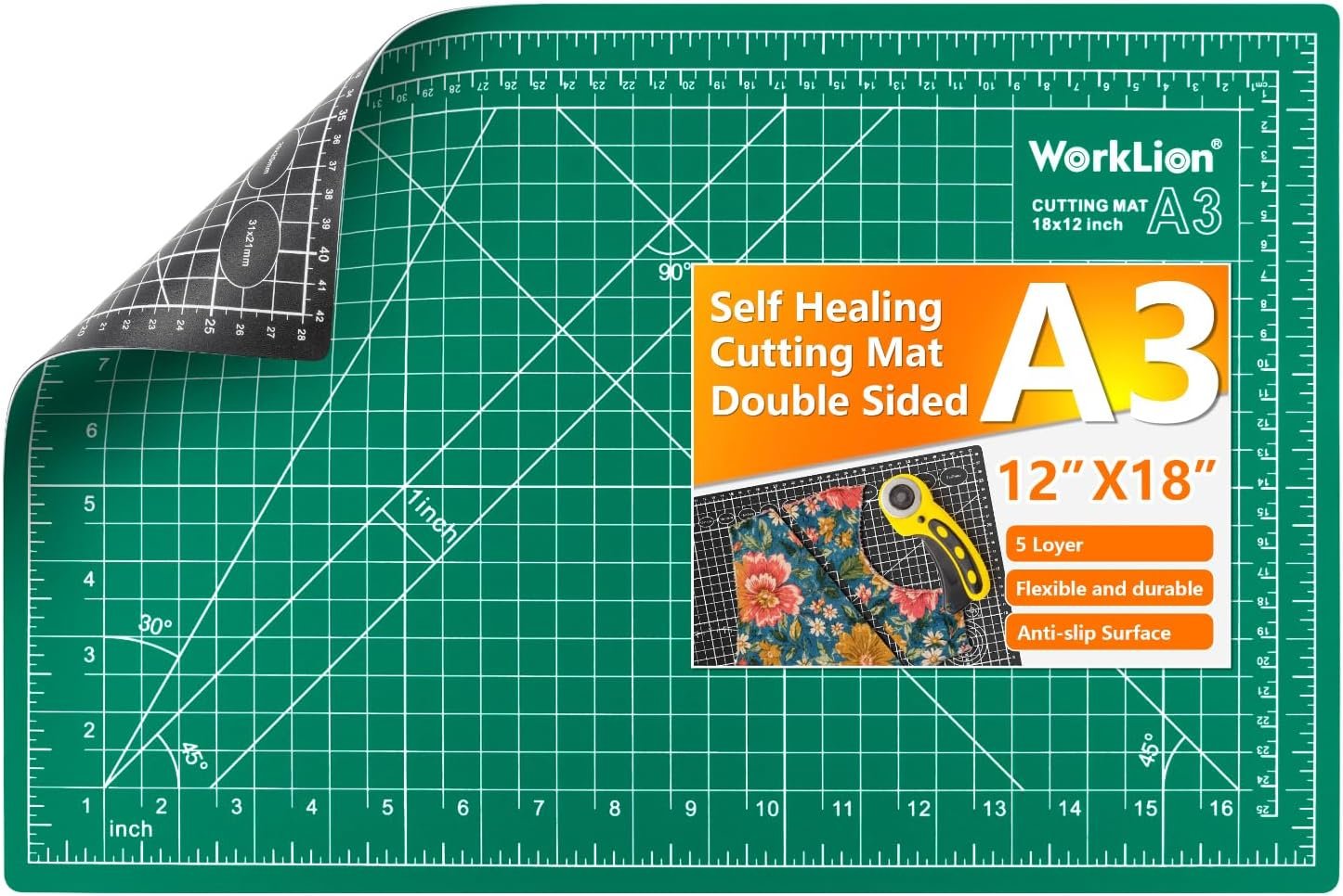 Worklion Self Healing Craft Mat: 18″x12″ Rotary Cutting Mat for Sewing,Quilting,Leather,Craft,Fabric,Model,Art,Clay,5-layer 2-sided Cutting Mat, green and black