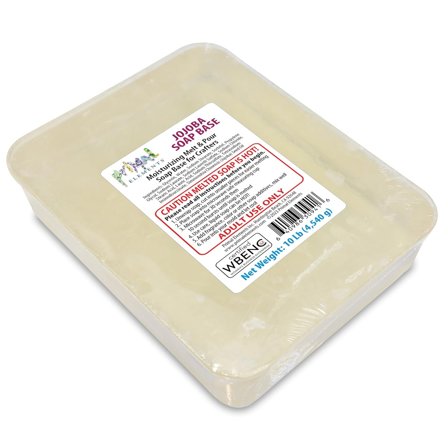 Primal Elements Jojoba Oil Soap Base – Moisturizing Melt and Pour Glycerin Soap Base for Crafting and Soap Making, Easy to Cut – 10 Pound