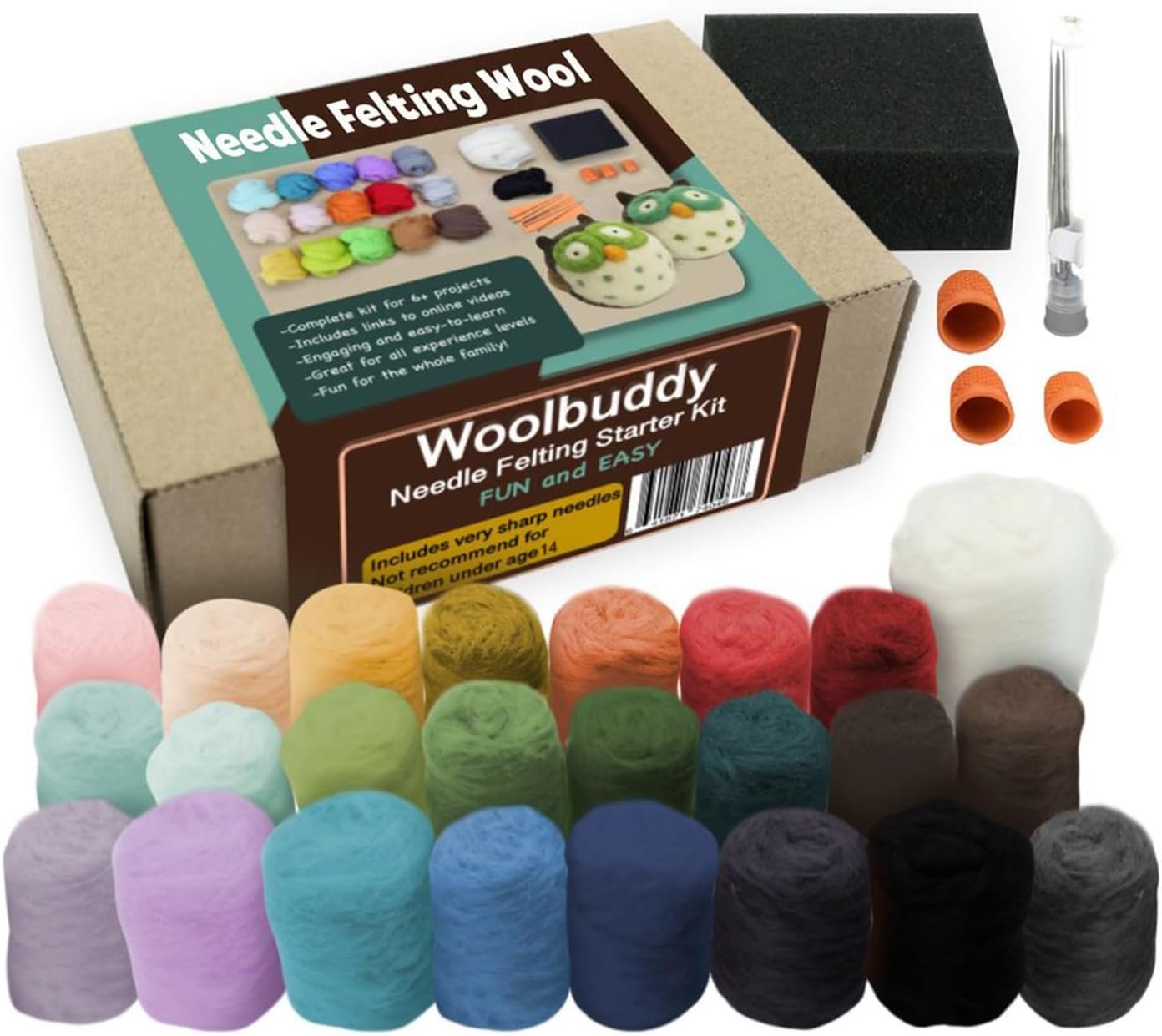 Woolbuddy Needle Felting Kit Starter Set, 24 Colors, White Core Wool & Tool