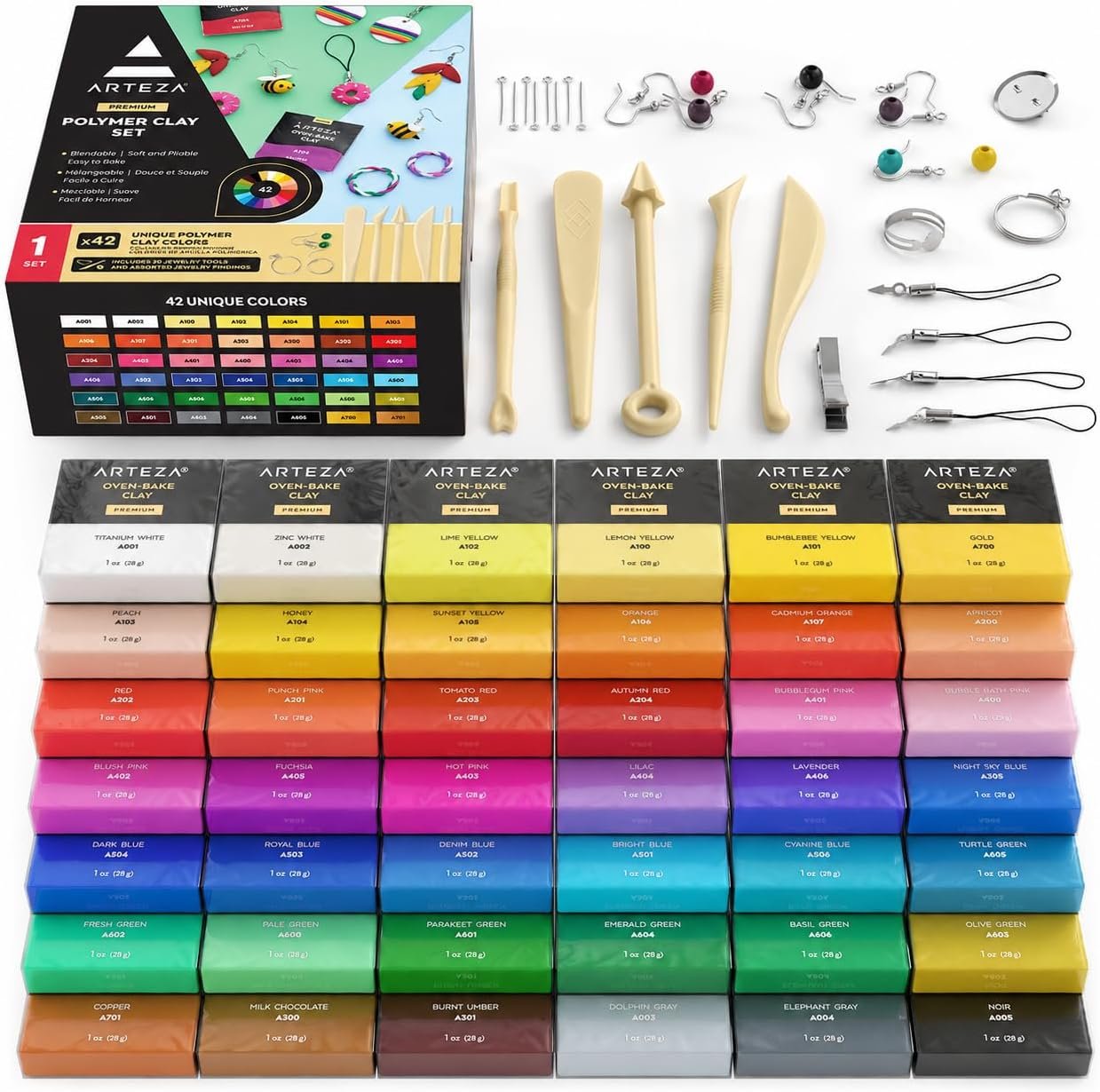 ARTEZA Polymer Clay Set, 42 Colors, 1 oz Oven-Bake Blocks with Tools