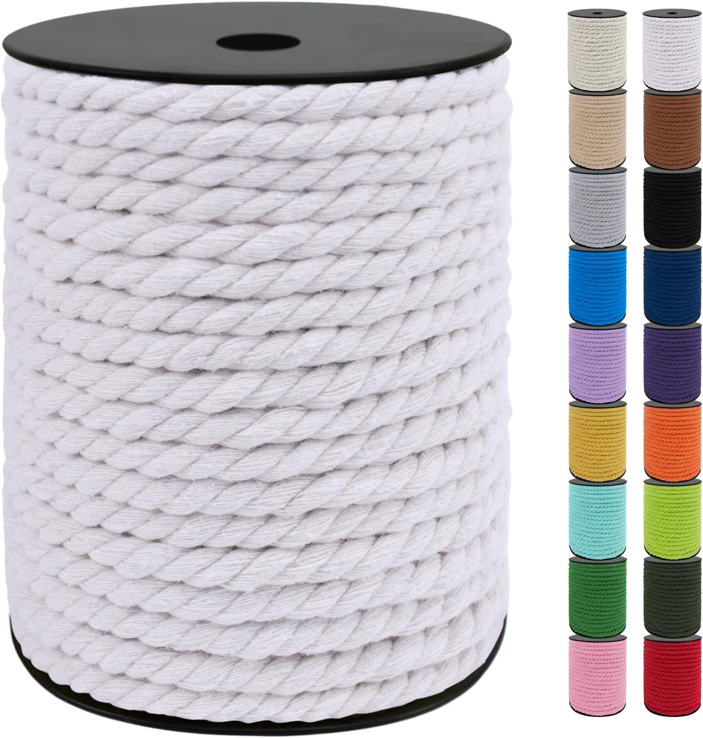 JeogYong 8mm Macrame Cord, 131 Feet Natural Cotton Macrame Rope Yarn, 3 Strand Twisted Cotton Cord, Macrame String for Crafts Wall Hanging Plant Hangers Gift Wrapping Decorations (White)