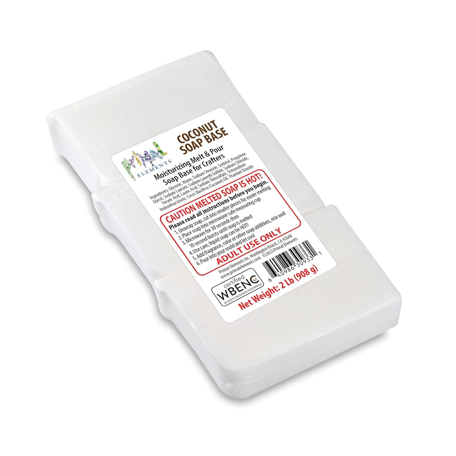 Primal Elements Coconut Oil Soap Base – Moisturizing Melt and Pour Glycerin Soap Base for Crafting and Soap Making, Easy to Cut – 2 Pound