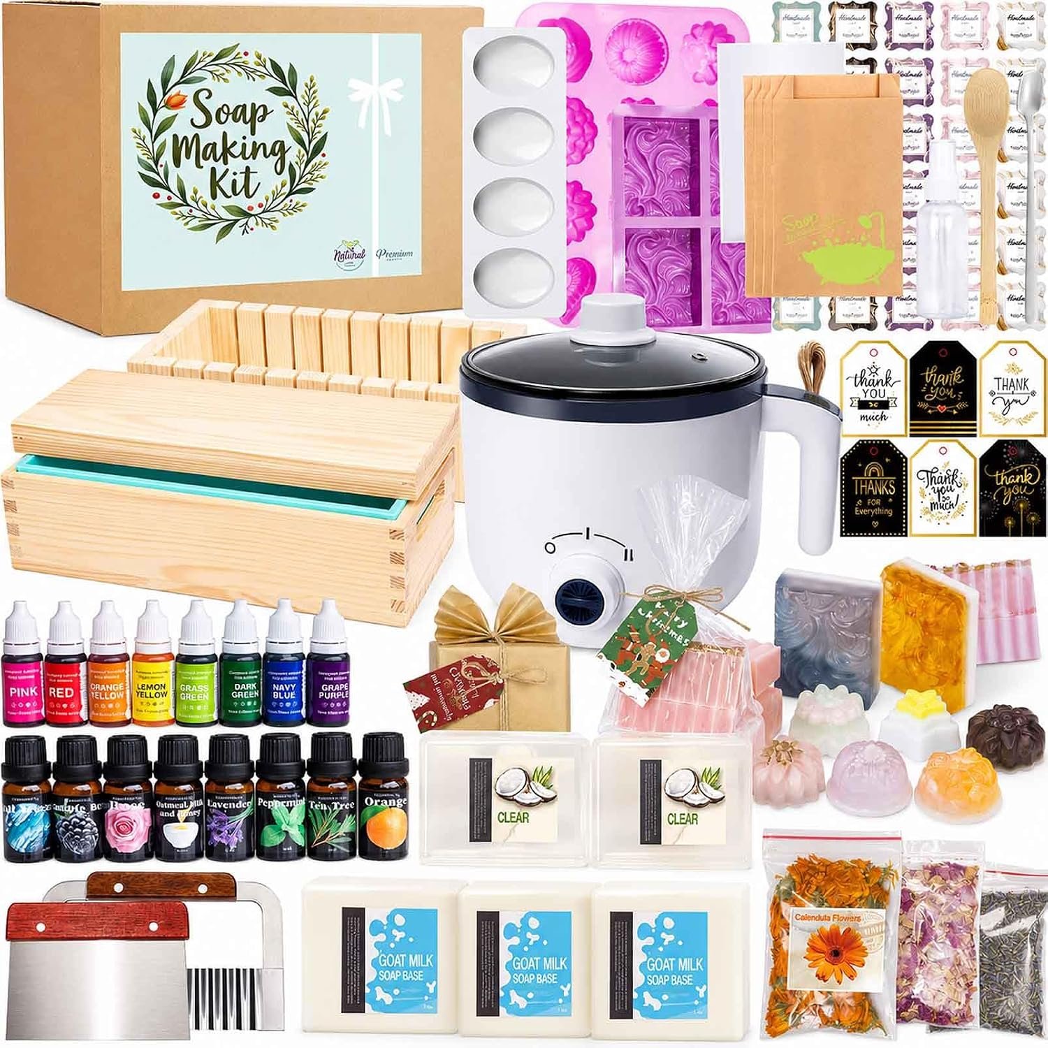 Soap Making Kit for Adults and Kids – Soap Making Supplies with Soap Melter, 5 lb Melt & Pour Soap Base, Soap Loaf Molds, Cutting Box, Silicone Molds, Essential Oil & Fragrances Beginner DIY Kits