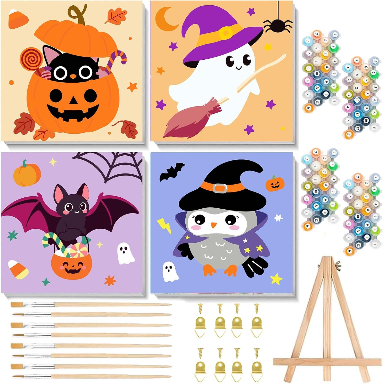 4 Pack Halloween Paint by Number for Kids with Wooden Frame and Easel