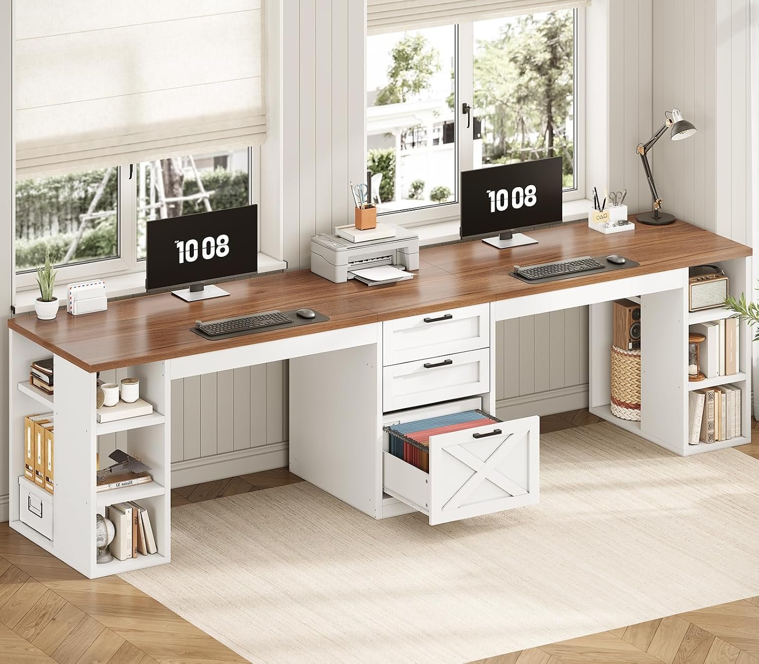 SEDETA Farmhouse 96.5″ 2 Person Computer Desk with Storage Drawers