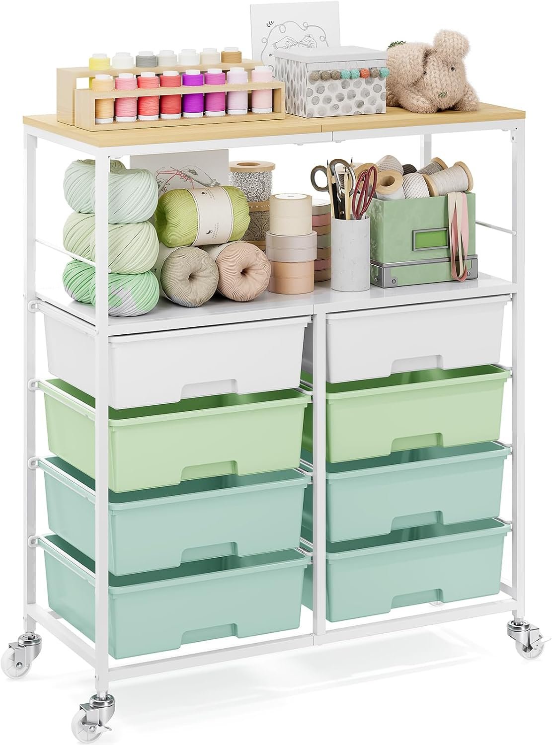 APEXCHASER Rolling Storage Cart with 8 Large Drawers, Wooden Tabletop