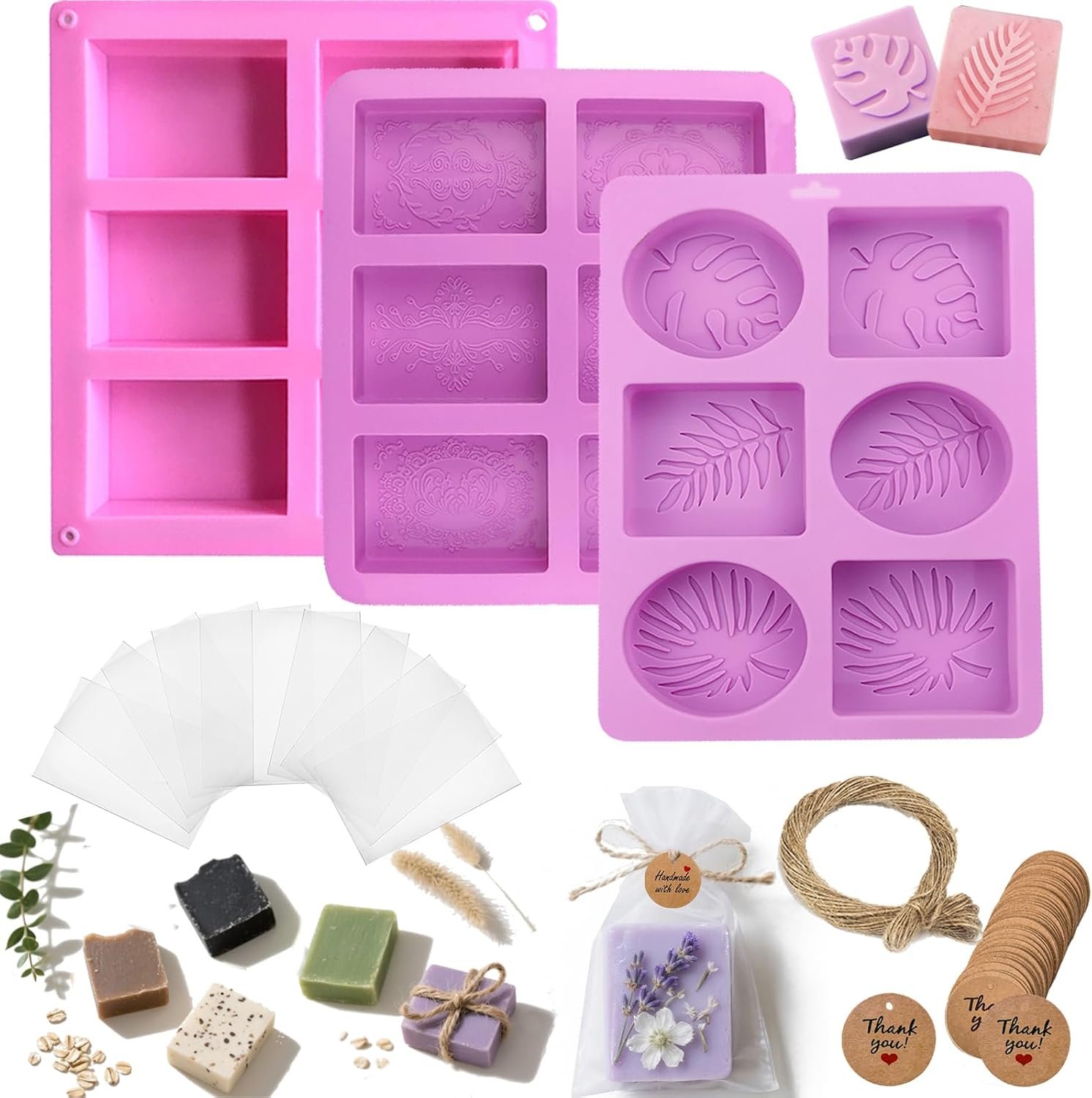 Soap Making Kit with 3 Silicone Molds, 48 Bags, 48 Gift Tags, 65ft Jute Twine – Craft Set for Handmade Soaps – Beginner & Professional
