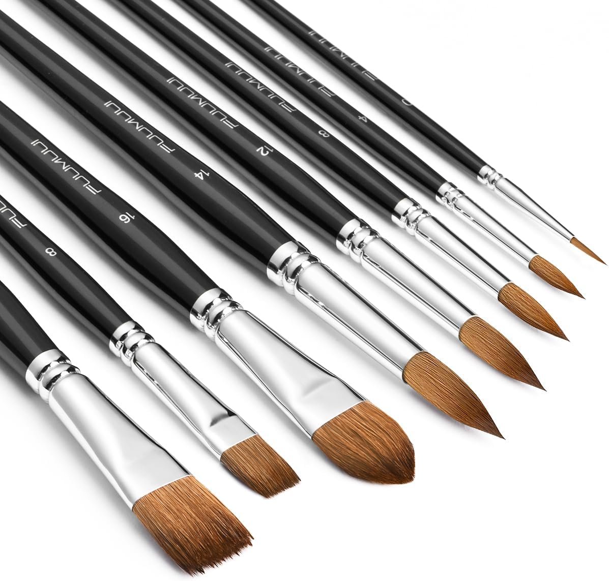 Watercolor Brushes Professional, Fuumuui 8Pcs Sable Paint Brush Set Variety Shapes with Flat, Round Pointed, Cat’s Tongue Oval Wash Perfect for Watercolor Acrylic Gouache Inks Painting