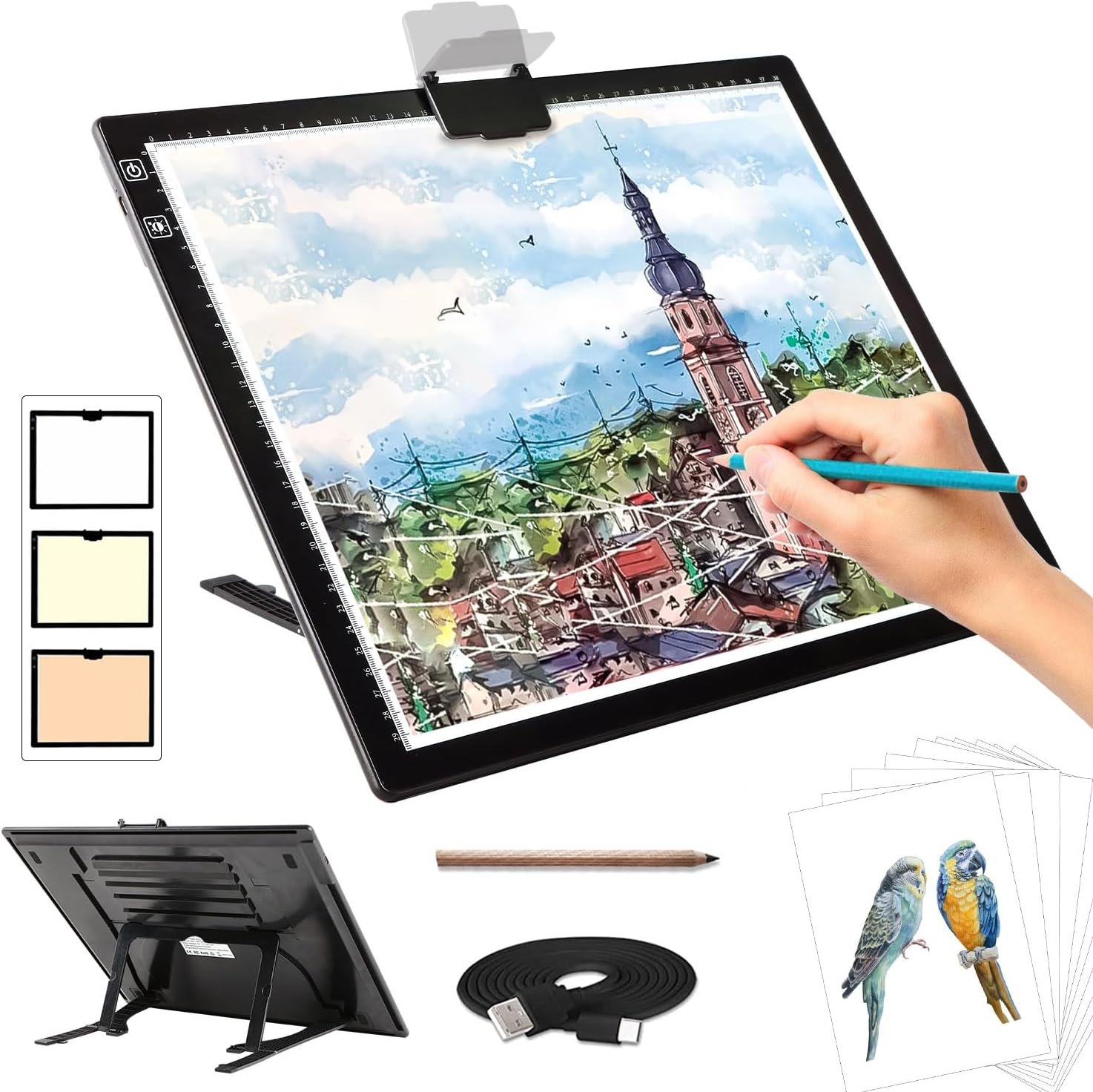 Rechargeable A3 Light Pad for Diamond Painting,Tracing Light Box with Stand and Clip,3 Colors Stepless Dimmable and 6 Levels of Brightness Light Board for Artists,Drawing,Sketching,Animation