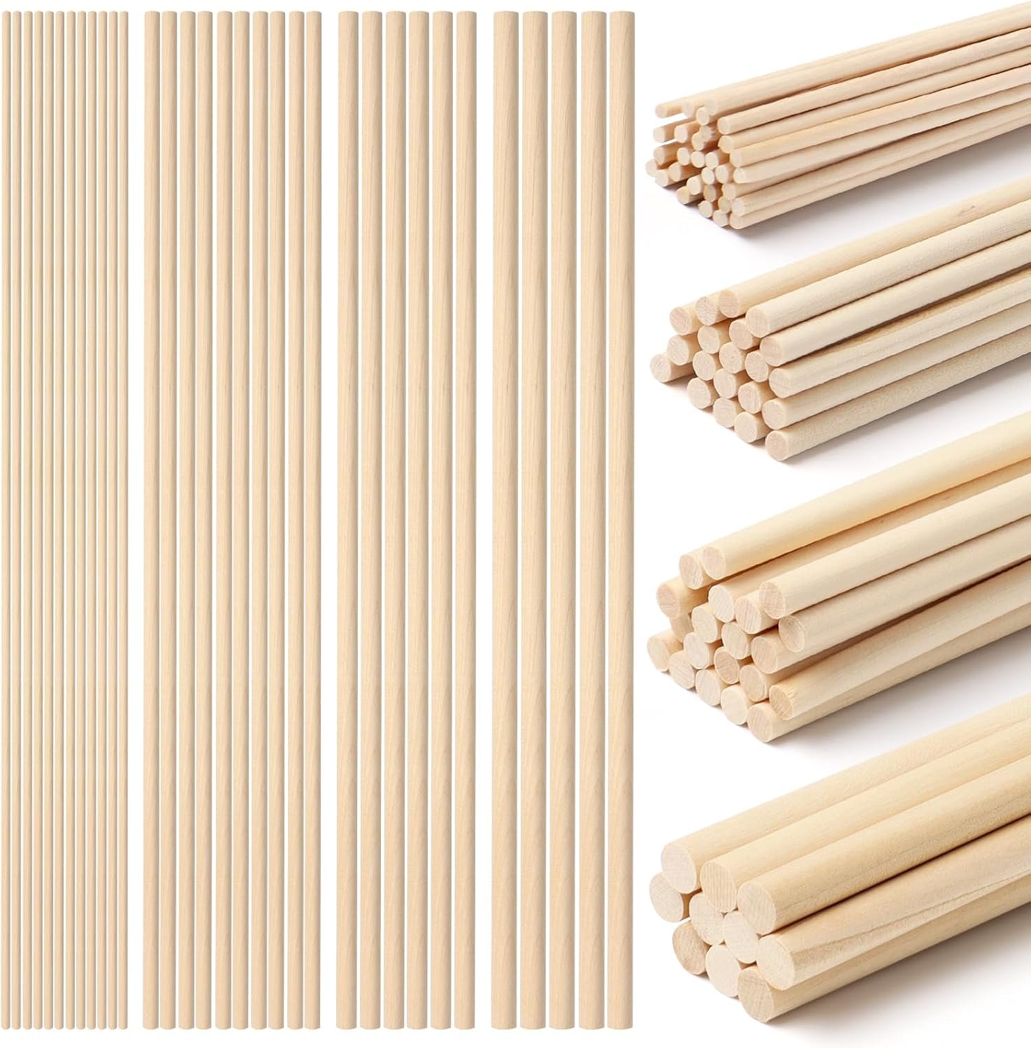 80-Piece Wooden Dowel Rod Set – Assorted Sizes 1/8, 3/16, 1/4, 5/16 x 11.8 Inch Natural Craft Dowel Rods