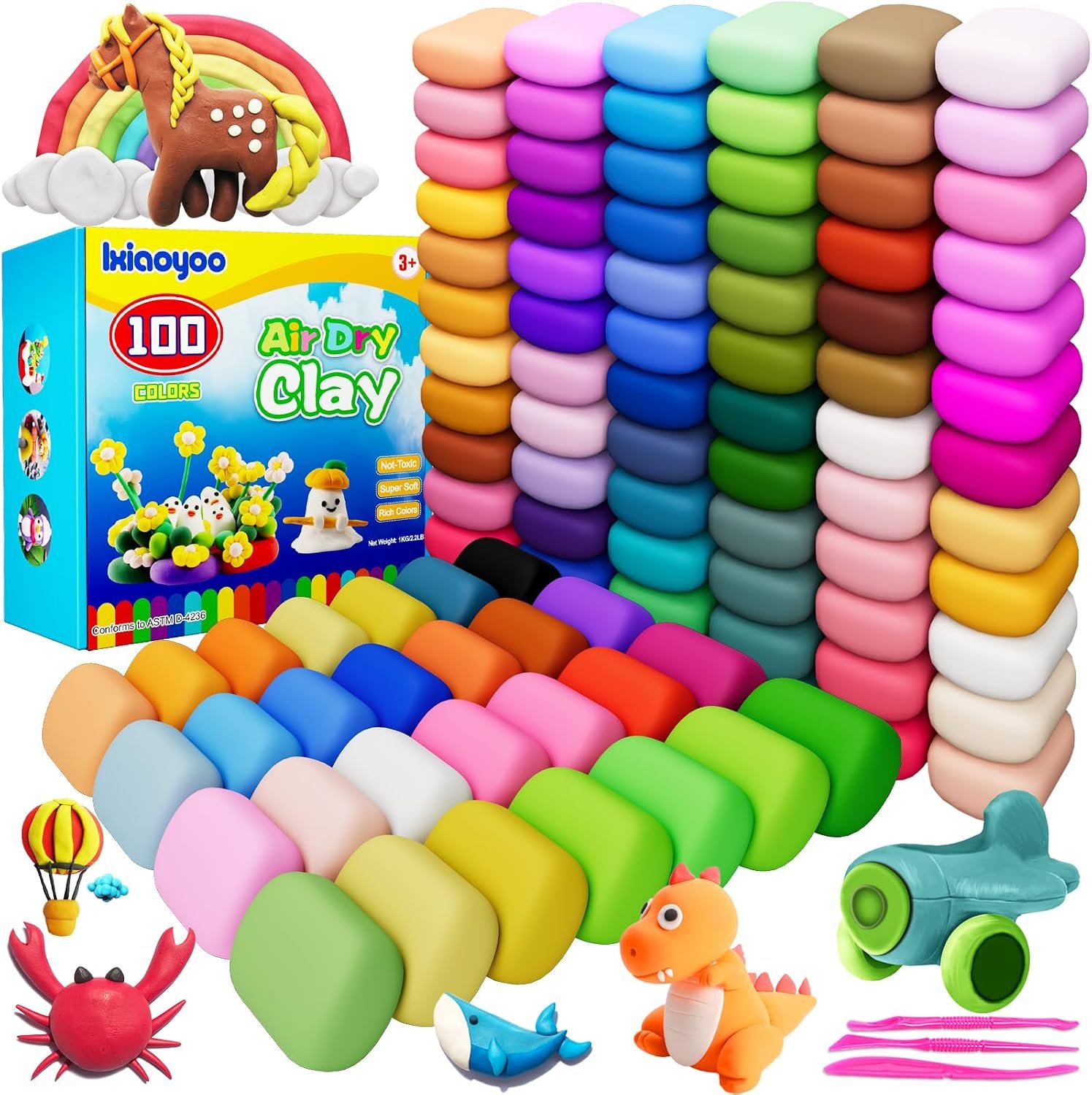 Ixiaoyoo Air Dry Clay, 100 Colors Foam Modeling Clay for School Projects