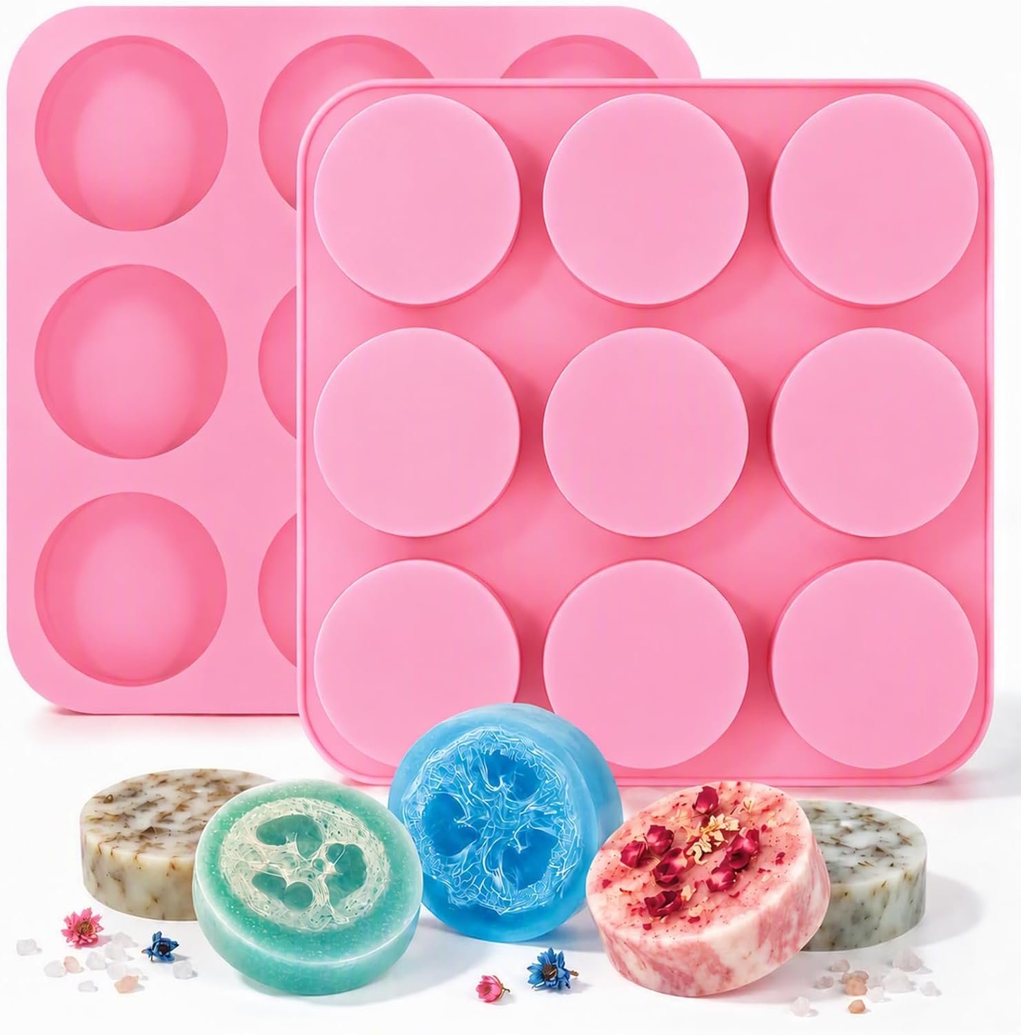 SJ Round Silicone Soap Mold Set, 2-Pack 9-Cavity Soap Molds