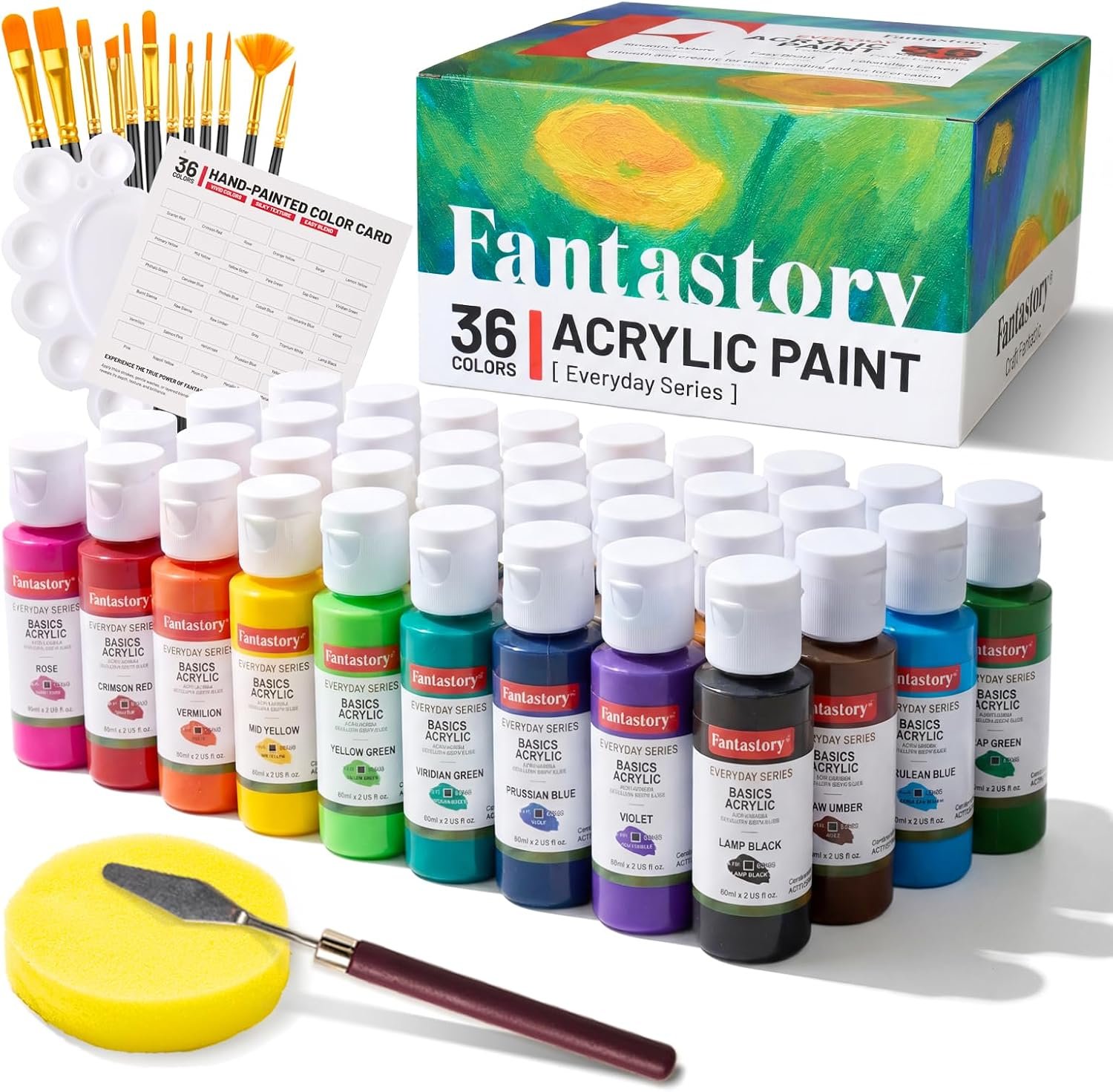Fantastory 60ml 36 Colors Acrylic Paint Set with 12 Brushes
