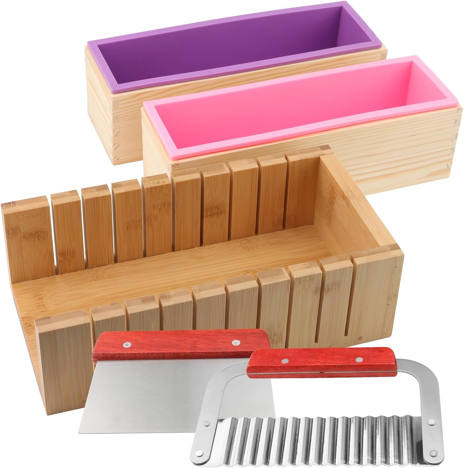 5 PCS 45 Oz Silicone Soap Molds Loaf Set, Flexible Set of 2 Rectangular Soap Making Molds Boxes with 1 Wood Soap Mold, 1 Stainless Steel Wavy, 1 Straight Cutter, Soap Molds for Soap Making