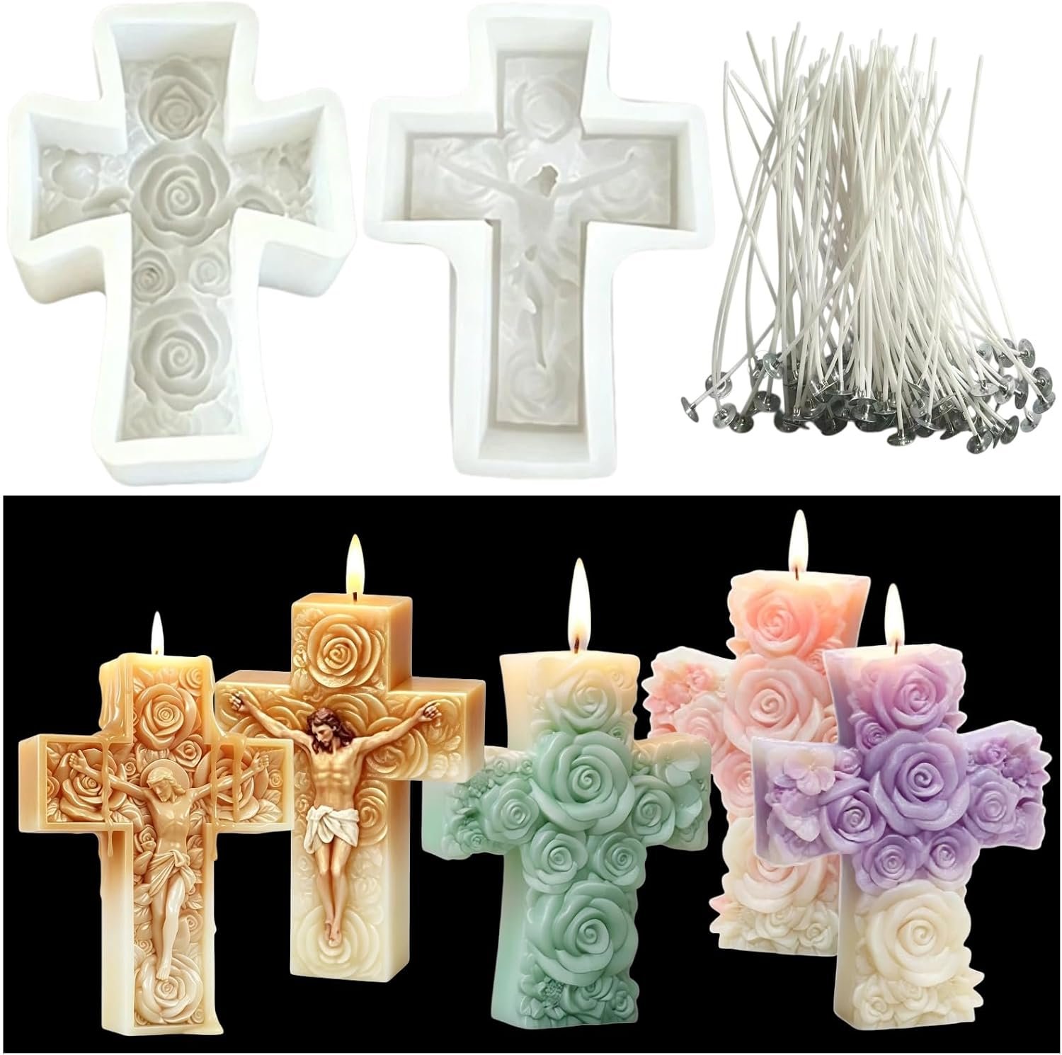 2Pcs Cross Candle Molds Silicone with 50 Wicks, 3D DIY Wax Mold Kit for Handmade Religious Home Decor