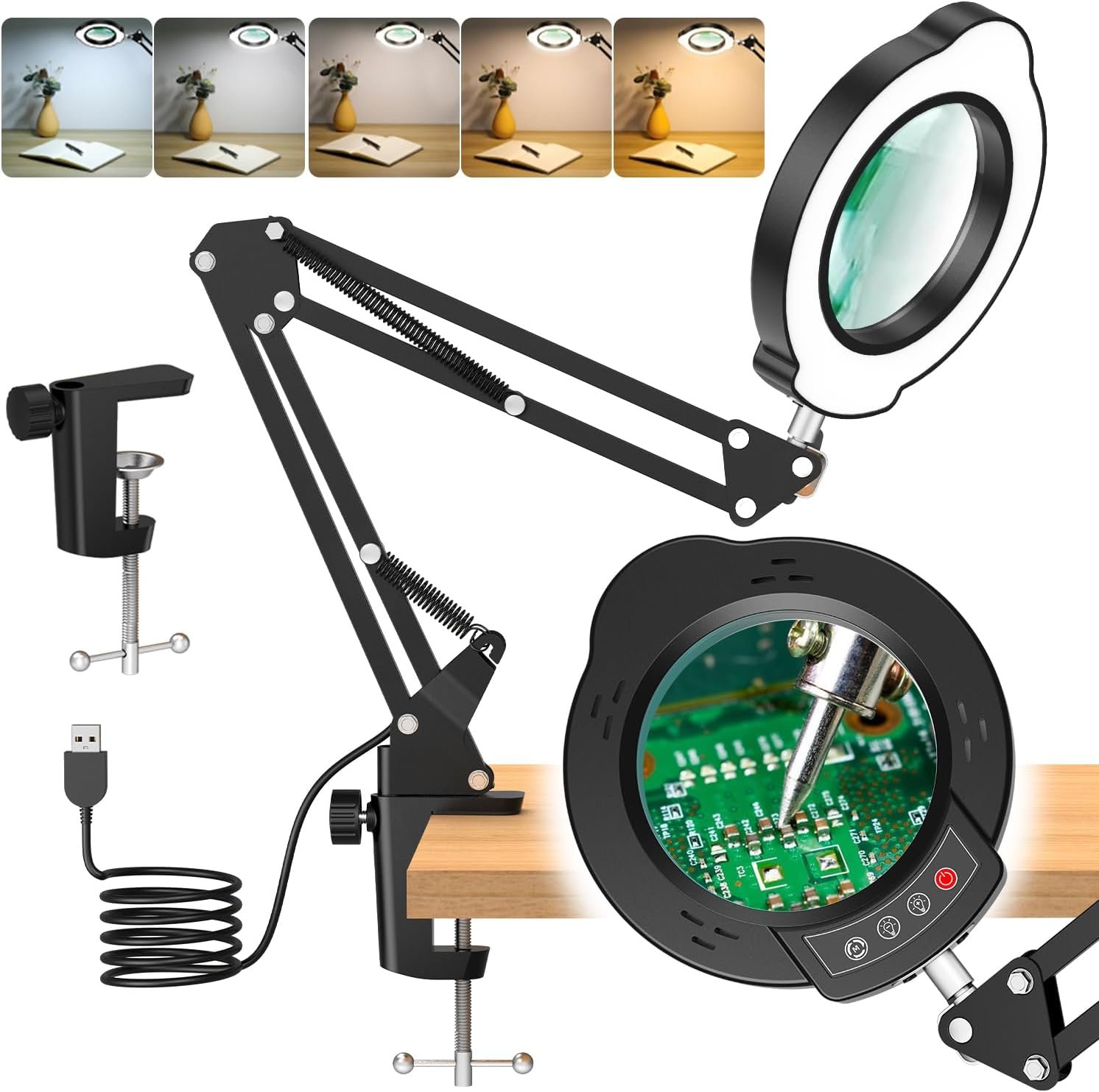 Hands Free 10X Magnifying Glass with Light and Clamp,5 Color Modes,Lighted Magnifying Desk Lamp with10 Brightness Levels, LED Magnifier with 360° Arm for Reading, Crafts, Soldering, Close Work