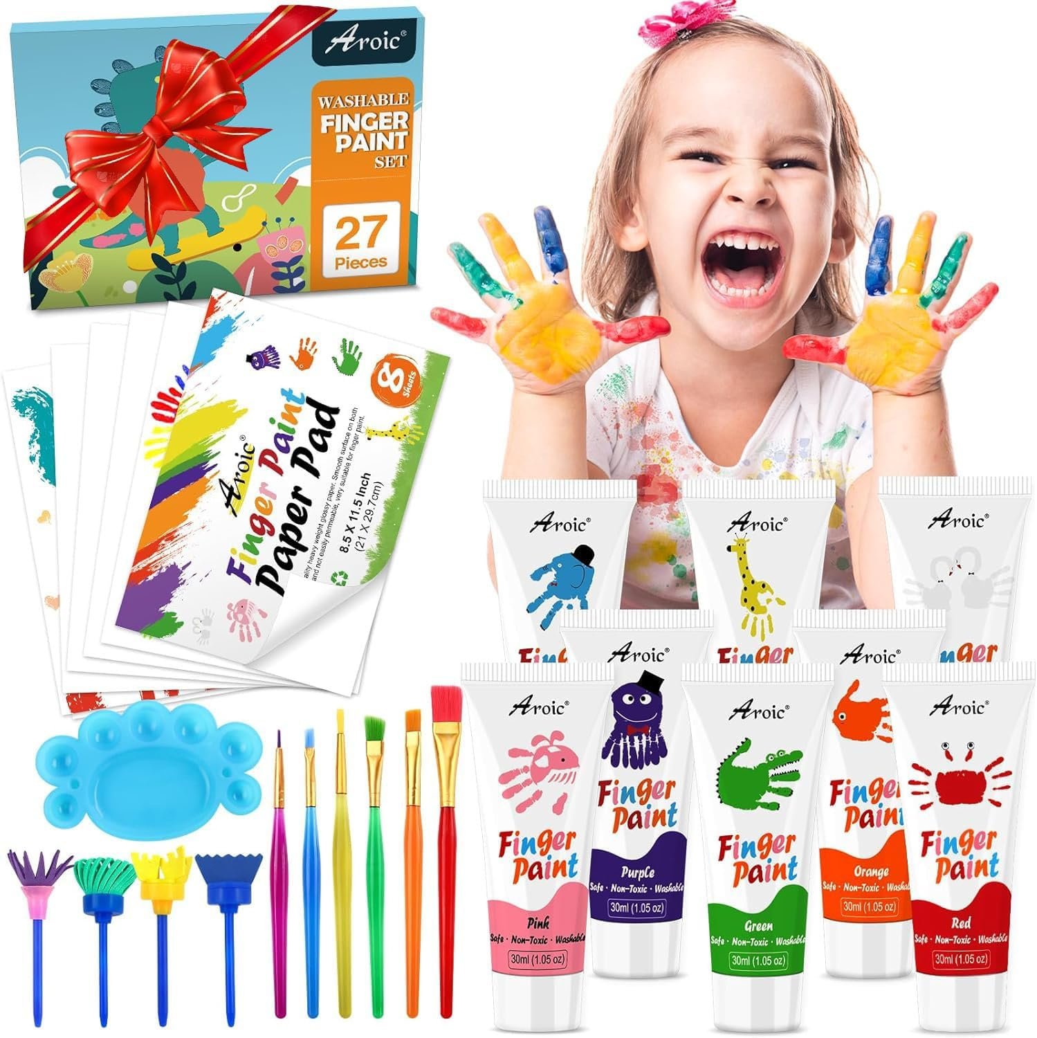 27PCS Kids Washable Finger Paint Set, 8 Colors Non Toxic Finger Paints