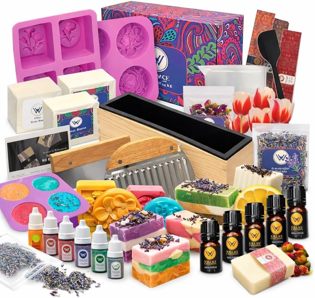 Wallace & Williamson Deluxe Soap Making Kit – Adults & Kids – Modern Floral Theme – Includes Shea Butter Soap Base, Molds, Scents, Dyes, Tools & Instructions