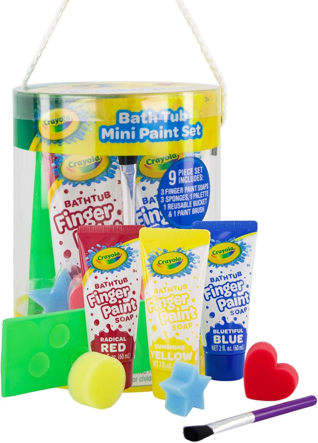 Crayola Bath Tub Mini Paint Set 9 Piece Art Kit – Brushes, Sponges, & Wash Away Finger Paints, Blue Yellow & Red Color Tub Fingerpaints