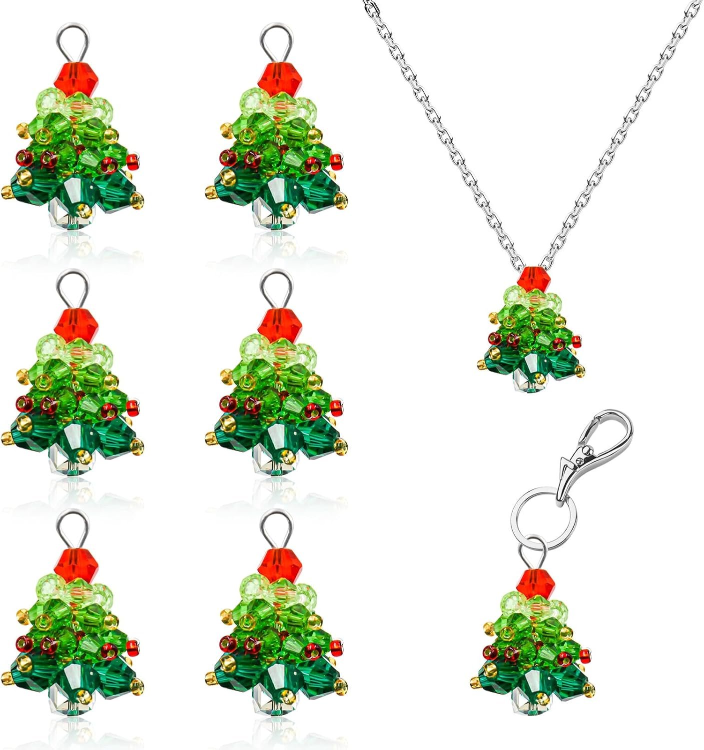 6Pcs 3D Beaded Christmas Tree Crystal Charms for DIY Crafts Christmas Keychain Bracelet Necklace Earring Jewelry Making Supplies