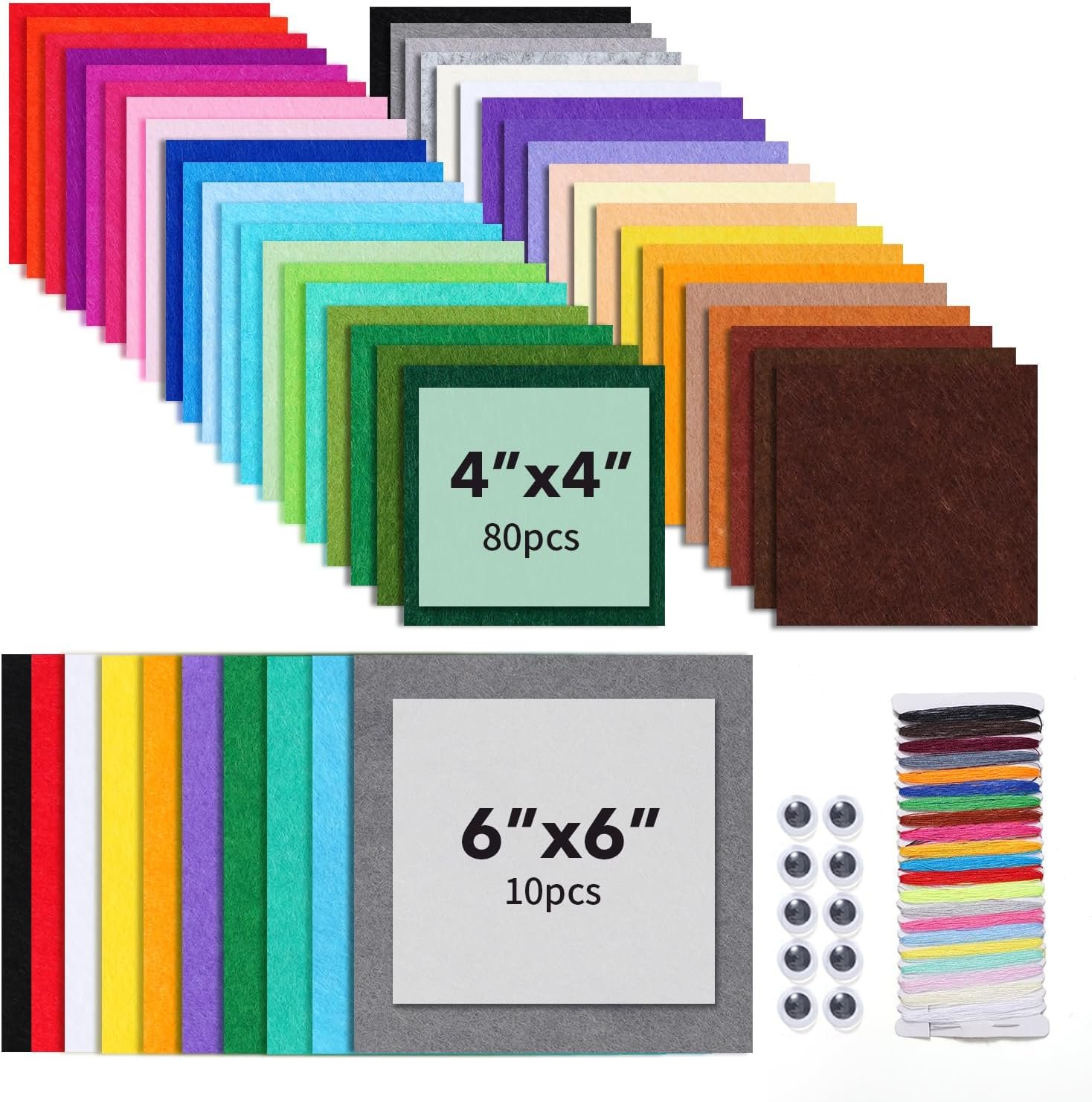 90PCS Felt Fabric Sheets Craft Kit – 4″x 4″ + 6″x 6″ Assorted Colors – 1mm Thick Square Nonwoven Felt Fabric for Crafts DIY