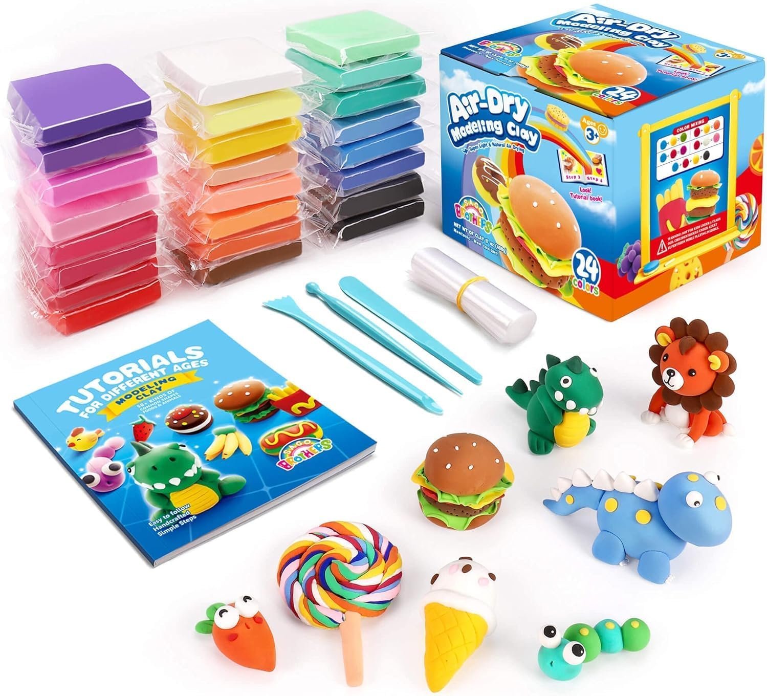 Sago Brothers 24 Colors Air Dry Clay for Kids with 3 Tools & Tutorial Book