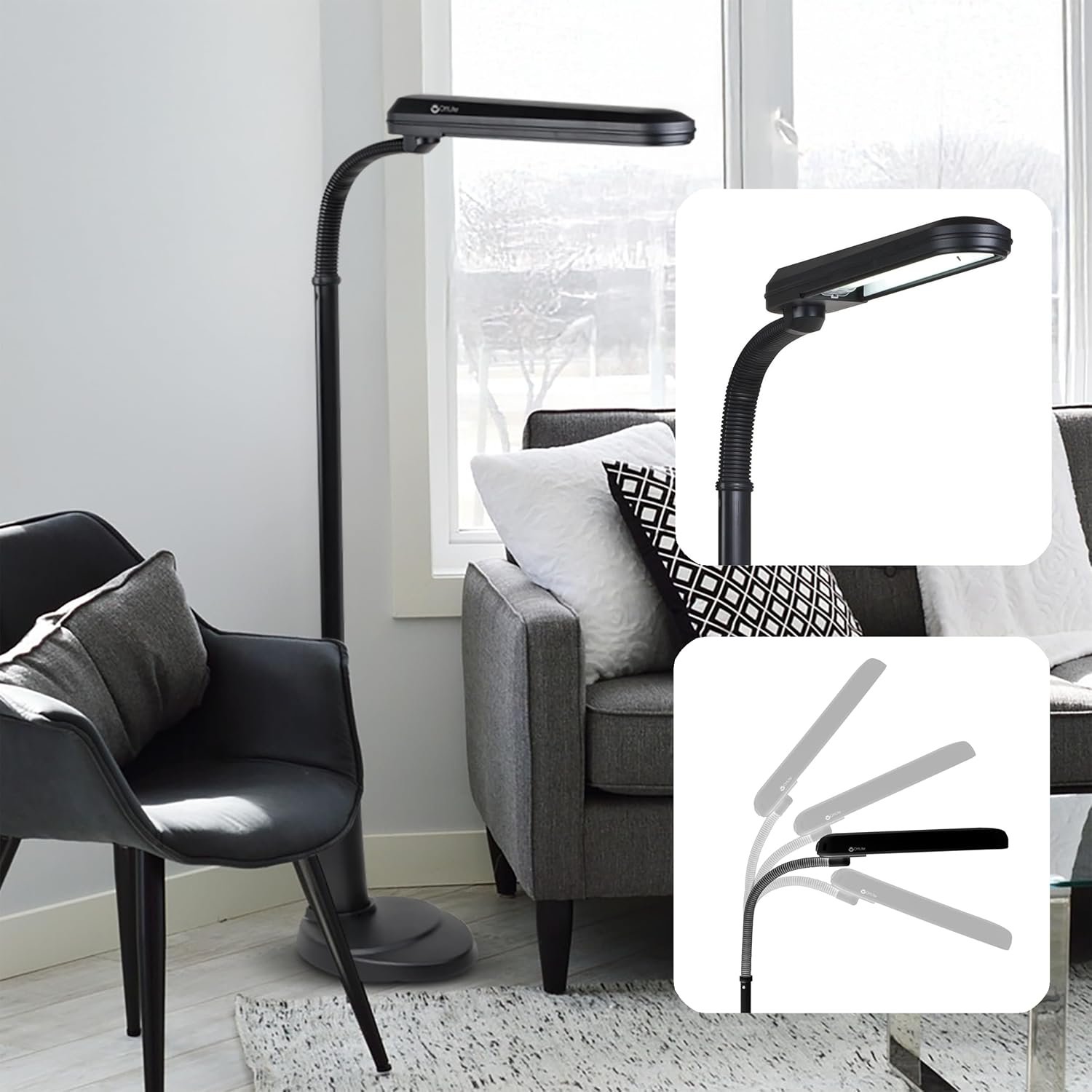OttLite 24-Watt Floor Lamp with Weighted Base and Adjustable Neck, Black
