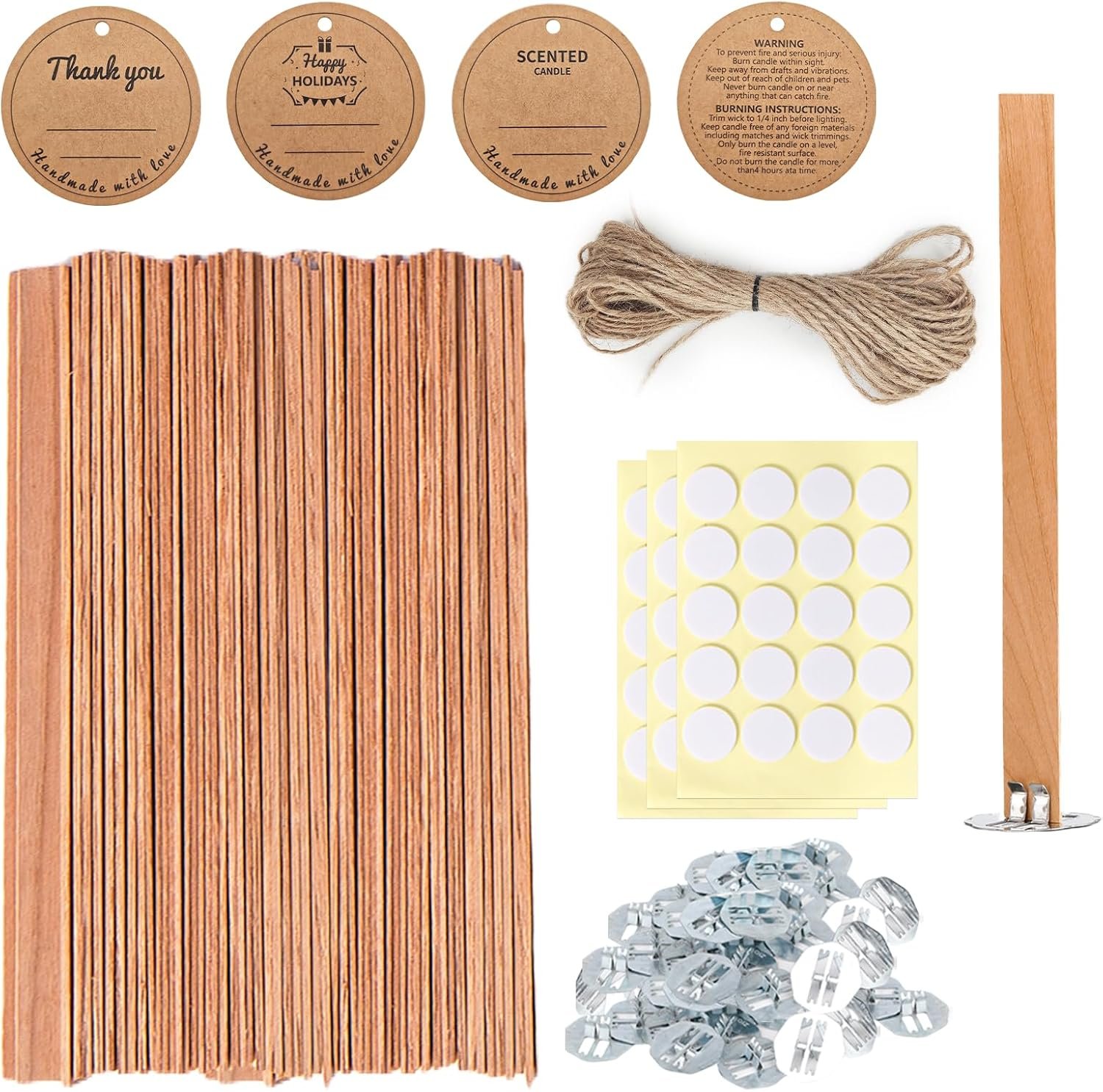 50 pcs Cherry Wood Candle Wick Set – Thicken Wood Wicks for Long Lasting Flame – Stand & Glue Dot, DIY Candle Making Kit (Warning Label Included)