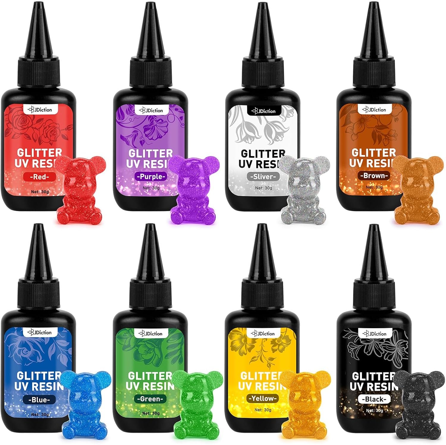 JDiction Glitter Colored UV Resin, 8 Colors Hard Resin for Jewelry Making