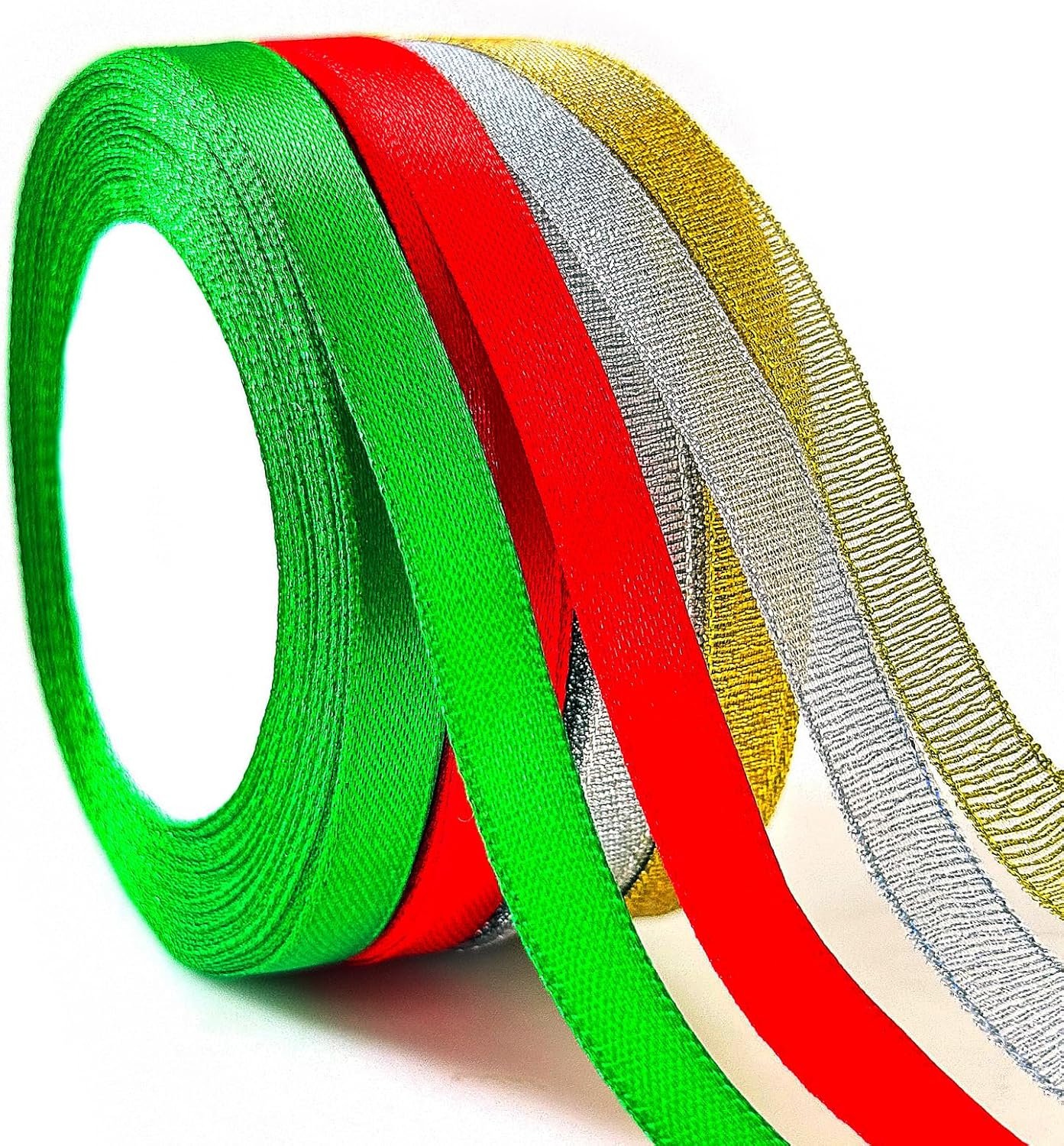 4 Rolls Christmas Ribbon Set – 100 Yards Total, 0.39 Inch Wide, Green, Red, Glitter Silver, and Glitter Gold Fabric Ribbons for Presents Gift Wrapping, Holiday Crafts Decorations, and Party Supplies