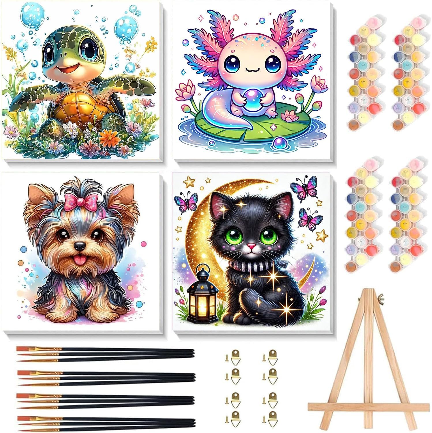 4 Pack Paint by Numbers Kit for Kids with Frame – Wooden Easel 8×8 inch