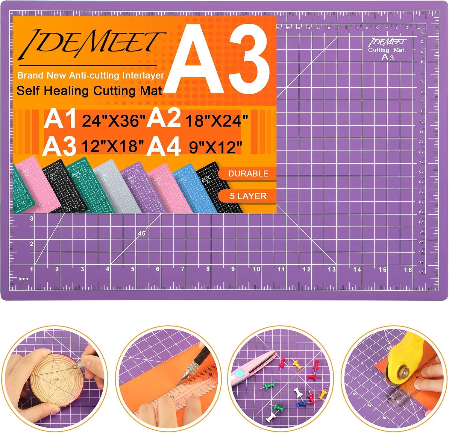 Thickened 18″x12″ Self Healing Cutting Mat, Idemeet Rotary Cutting Sewing Mat for Crafts, 5-Ply Blade Table Protector Cut Board for Fabric Leather Cutting Quilting Modeling Hobby Project, A3, Purple