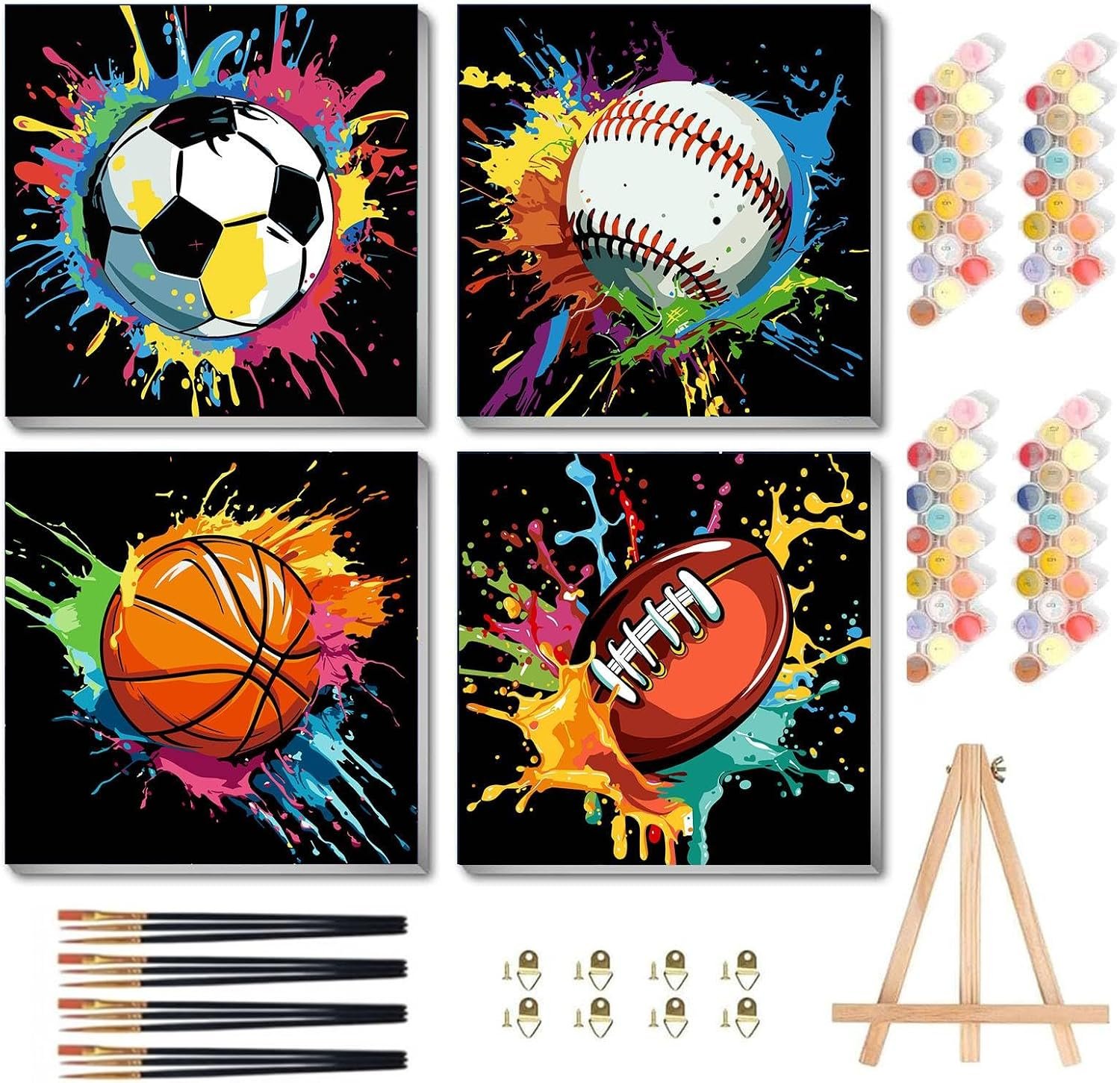 bleihum 4 Pack Paint by Numbers Kit for Kids with Frame Wooden Easel 8x8In