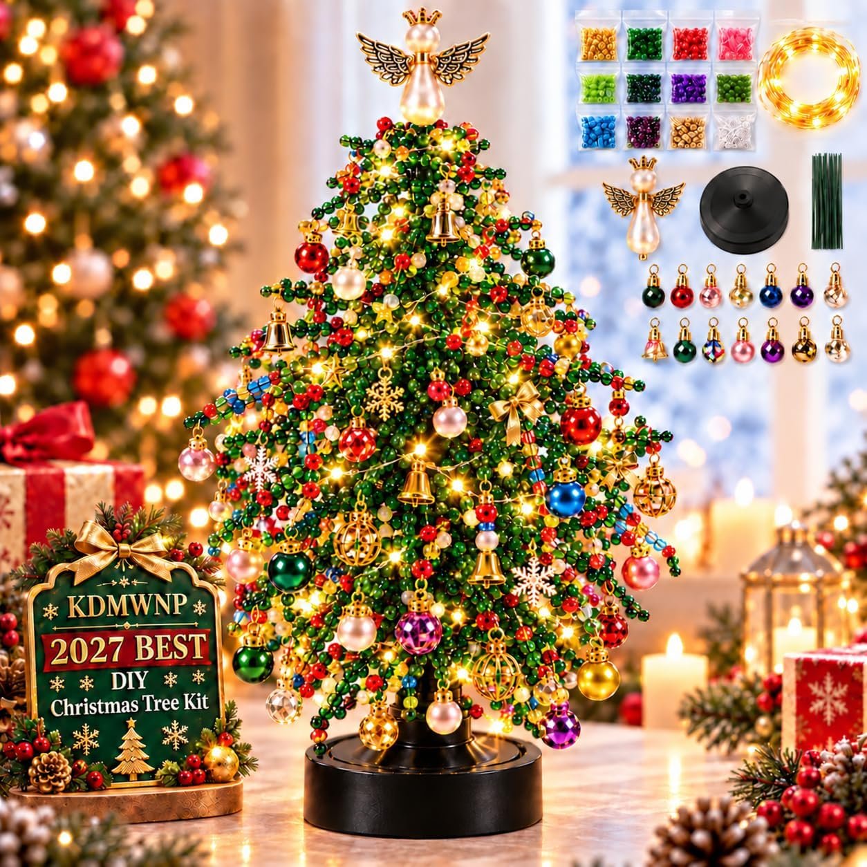 DIY Beaded Christmas Tree Kit with Lights 3D Crystal Bead Holiday Craft Set (Christmas)