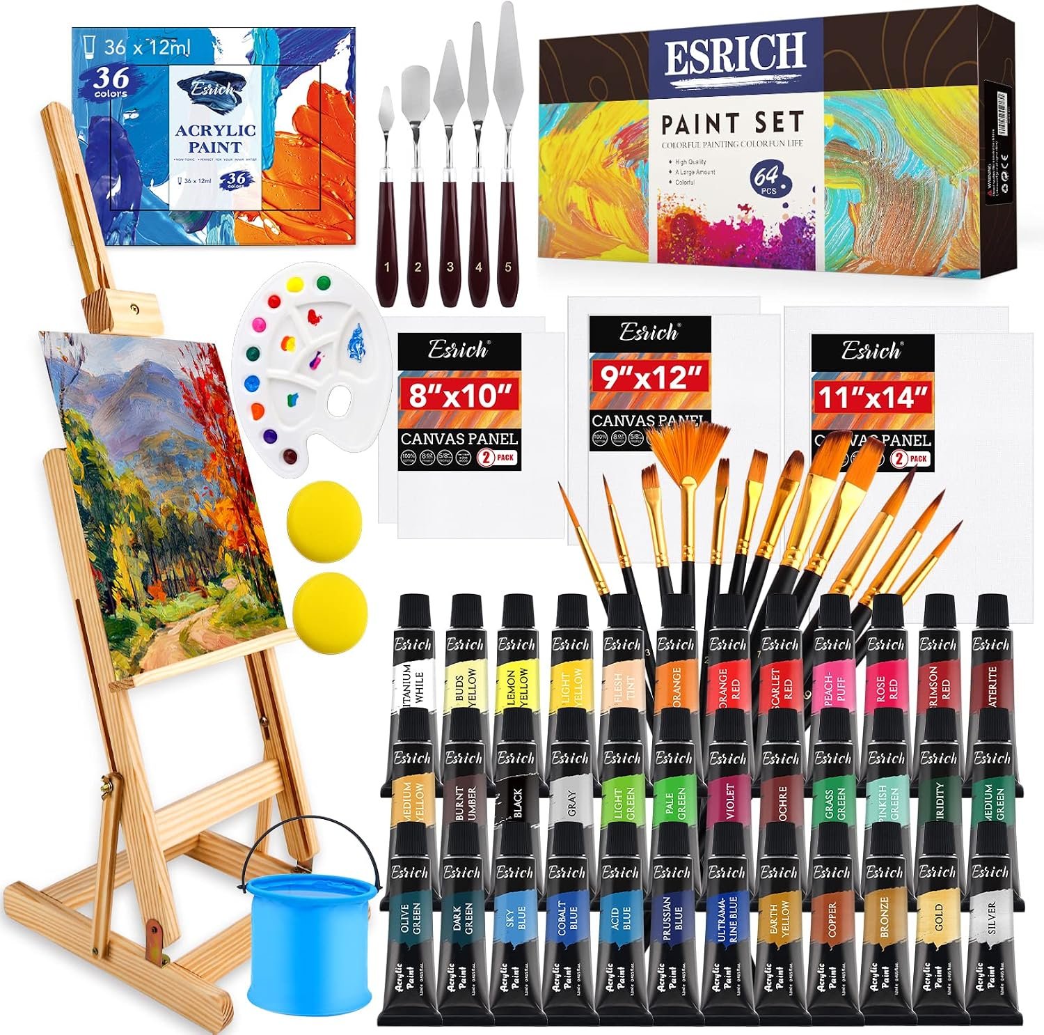 ESRICH Acrylic Paint Set, 64PCS Painting Supplies with Wood Easel