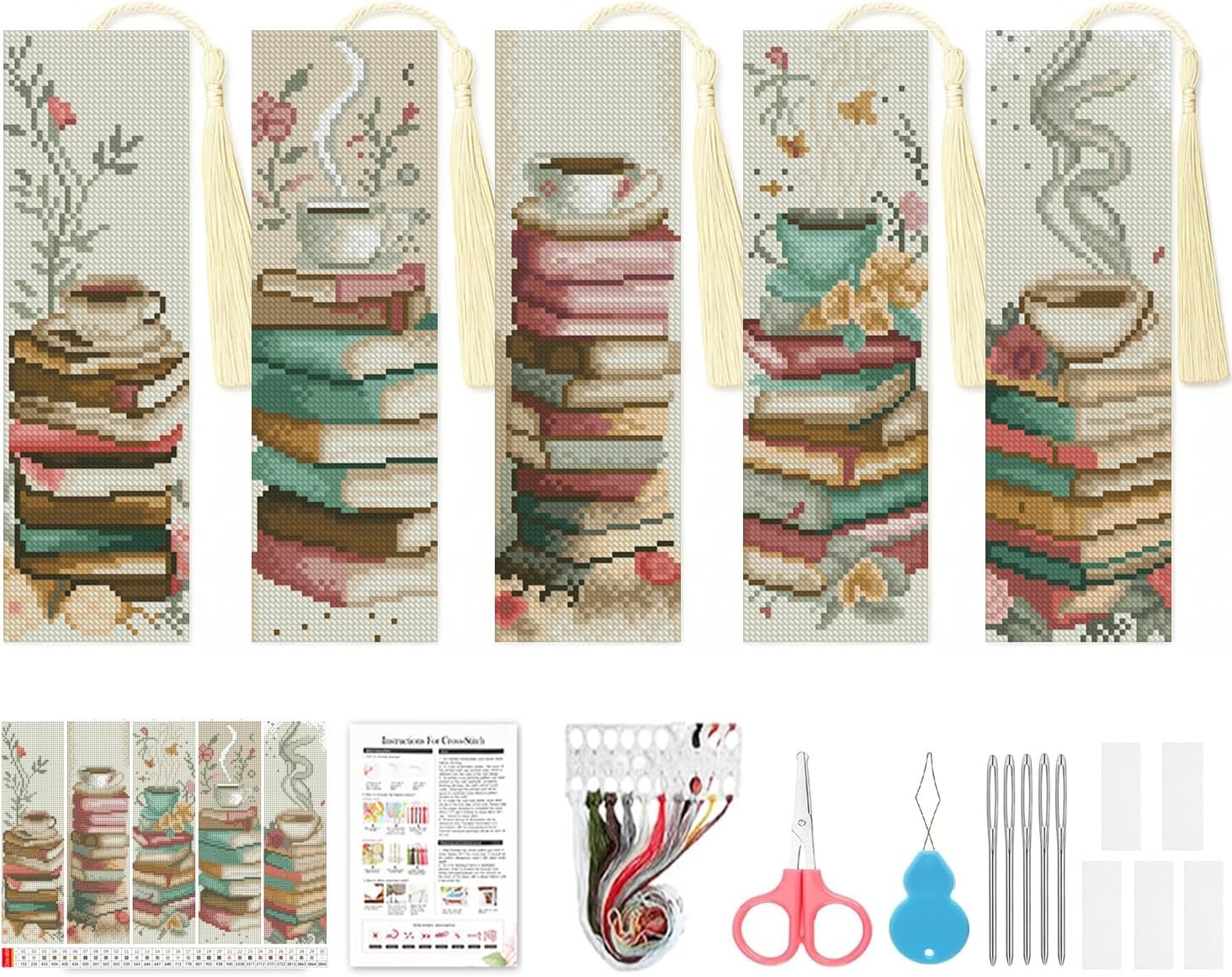 VIGEGU 5 Pack Coffee Book Cross Stitch Bookmark Kits for Adult Beginners