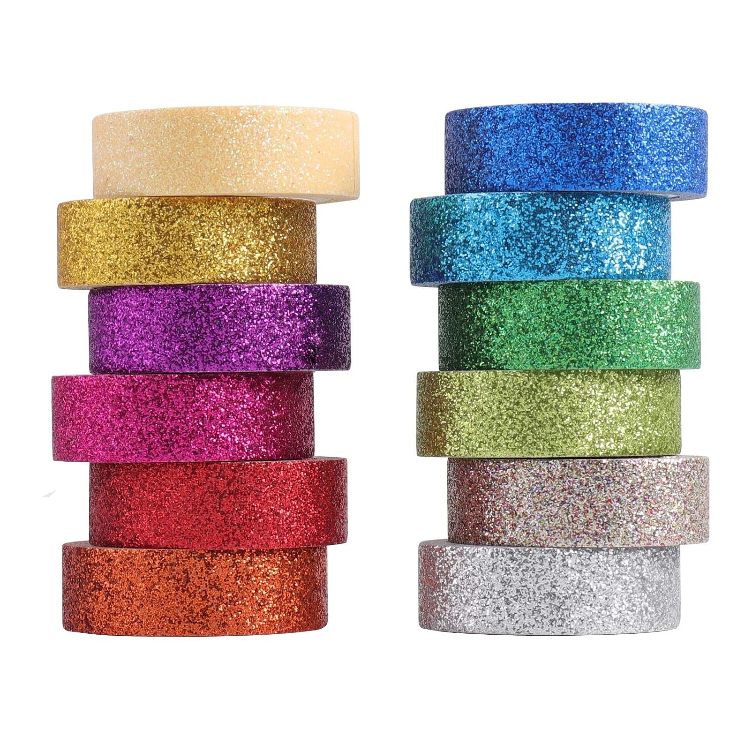 Tesuivra DIY Glitter Washi Tape Set – 12 Rolls Colored Masking Tape, Sparkle Decorative Tape for Art, Scrapbook Tape,Decor & Crafts (Dark)
